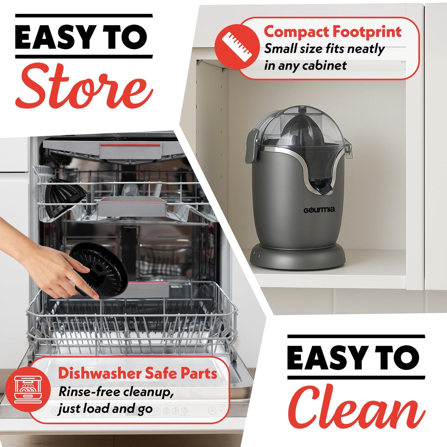 Gourmia Citrus Juicer - Automatic Juicer with 17 oz Capacity, One-Touch Operation, Universal Cone, Anti-Drip Spout, Dishwasher-Safe Accessories, Compact Quiet 60W Motor