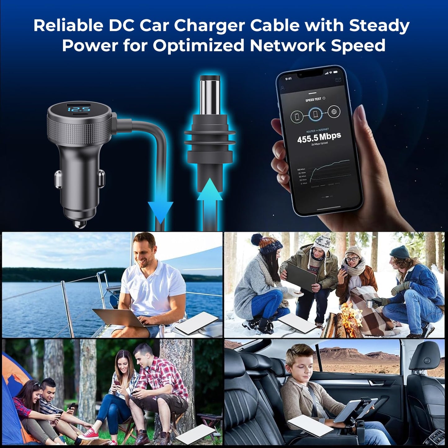 Starlink Mini Cable, 3 in 1 Starlink Mini Car Charger DC Power Cable+ Cigarette Lighter Adapter 12V-48V with Digital Display, Durable USB C PD 40W and USB A 35W Ports for Trucks and Cars (16.4FT)
