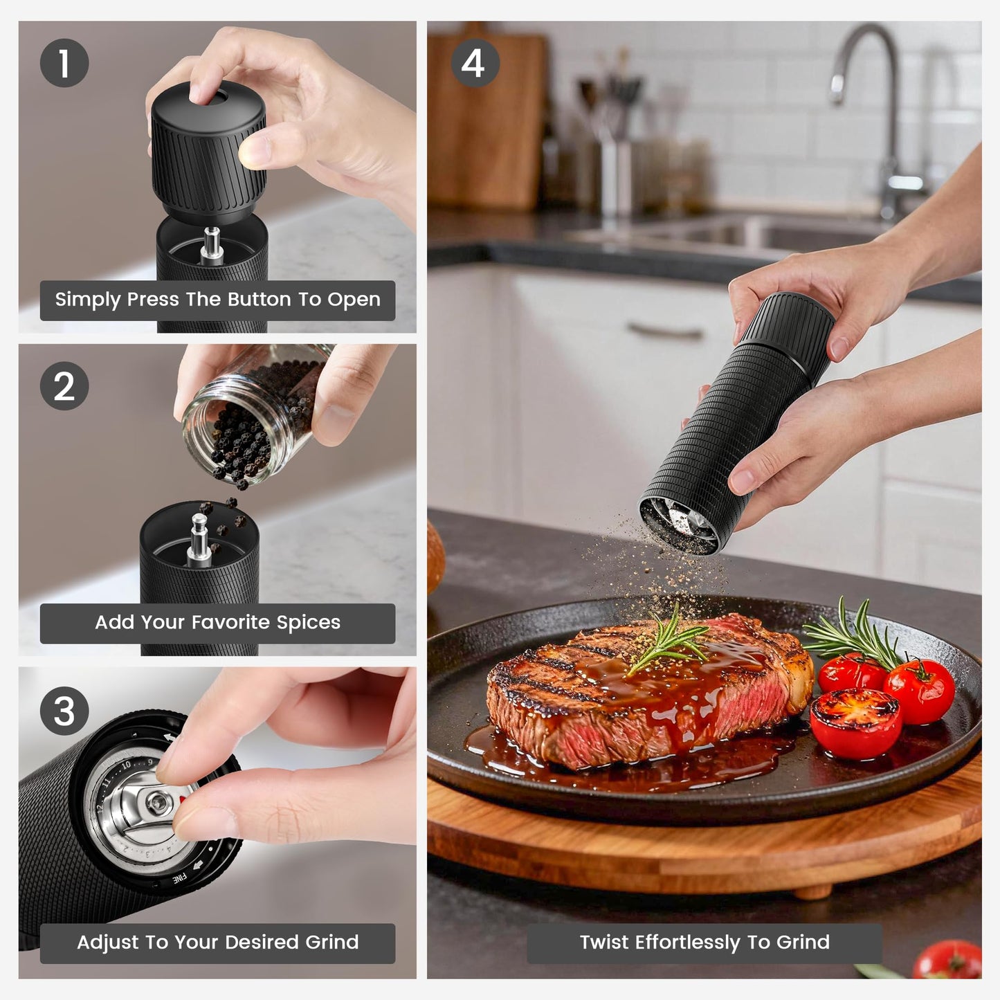Heavy Duty Manual Pepper Grinder & Spice Mill – Adjustable, Refillable, Stainless Steel & Aluminum, High Output for Black Pepper, White Pepper, Chili, and Thyme, Home, Restaurant & Gourmet Kitchen