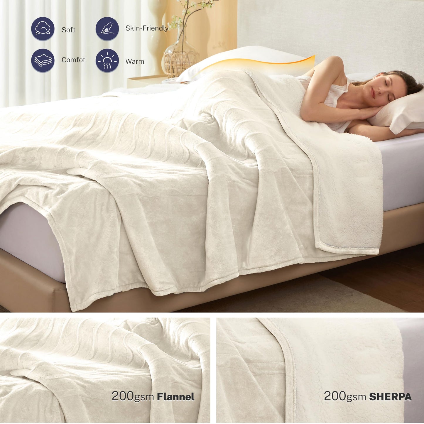 Thermylux Electric Blanket Full 72"x84" Heated Electric Blankets 10 Heating Levels 8 Hours Auto Off Fast Heating and Overheat Protection ETL Certified Machine Washable,Ivory