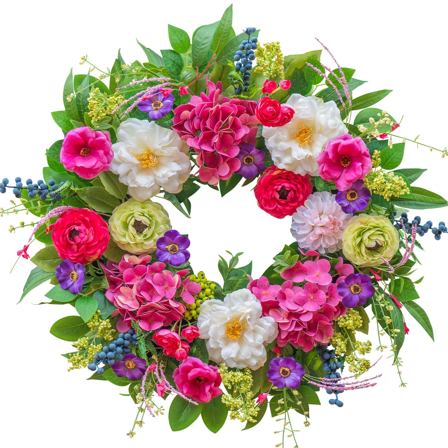 Pinkpuii Spring Wreaths for Front Door 24 Inch Lush Spring Door Wreath with Pink Peonies, Roses, White Blooms & Greenery, Garden Style Summer Flower Wreath for Front Porch, Entryway & Wall Window