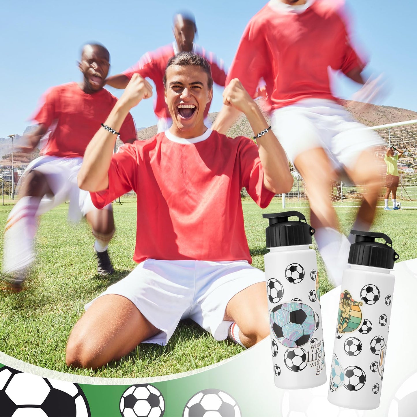 LemonRoad 164 Pcs Sports Party Favors Set 16 Plastic Cups 16 Charm Bracelets 16 Keychains 16 Mini Foam Stress Balls 100 Stickers for Sports Party Supplies(Soccer)