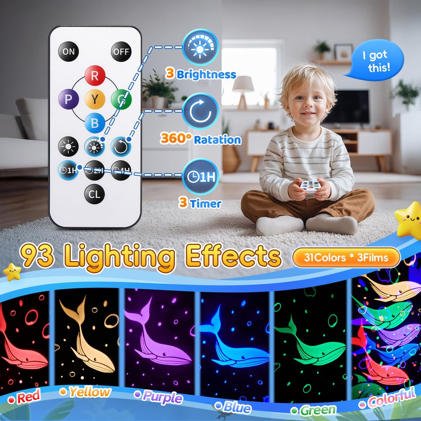 Kids Night Light Projector with 3 Films & 93 Effects, Remote & 3 Timer - Rotating Dinosaur Night Light for Kids' Room