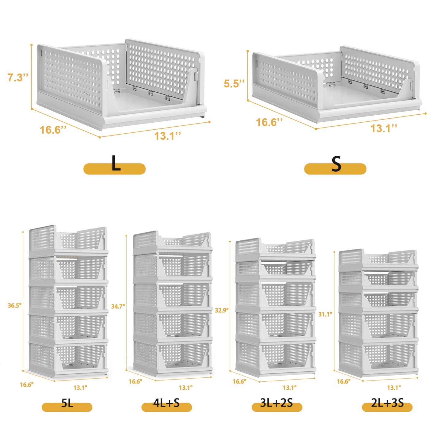 Proarea 5 Pack Stackable Plastic Storage Basket Closet Organizer Bin Foldable Clothes Organizer Storage Drawer Shelf Container for Living room Bathroom Kitchen Office (3L+2S), White, YG-3L2S