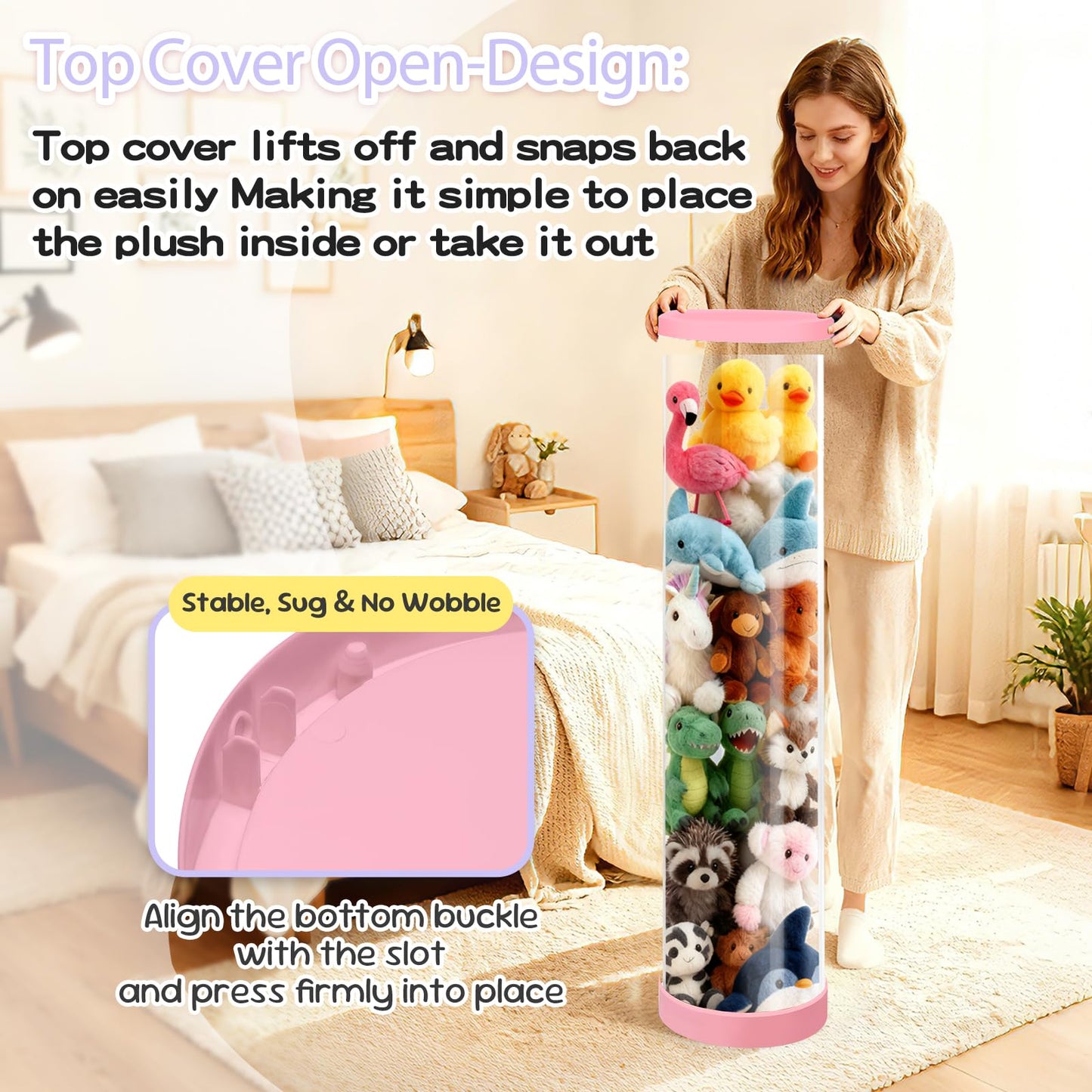 Mocuba Stuffed Animal Storage Tube, Dust-Resistant 47x11 Inches Large Capacity Toy Storage Organizer with Zipper, Easy Assembly & Space Saving for Plush Toys, Playrooms Living Rooms Bedrooms Pink
