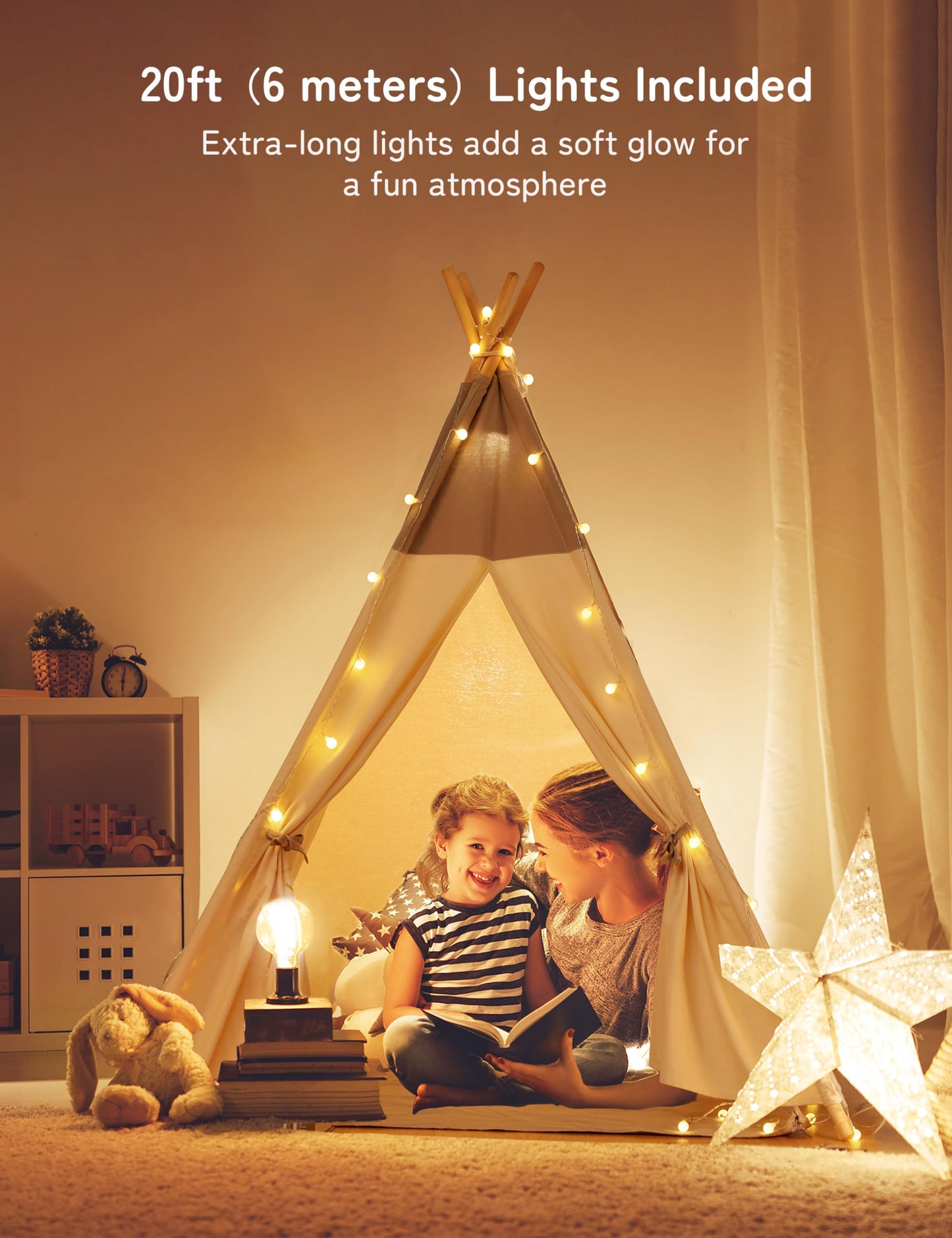 besrey Teepee Tent for Kids with Light & Mat, Toddler Tents Indoor Play Tent Playhouse, Toddler Tipi Cotton, tee Pee Tents for Kids Indoor, Boys & Girls Teepee,Children Room Playhouse
