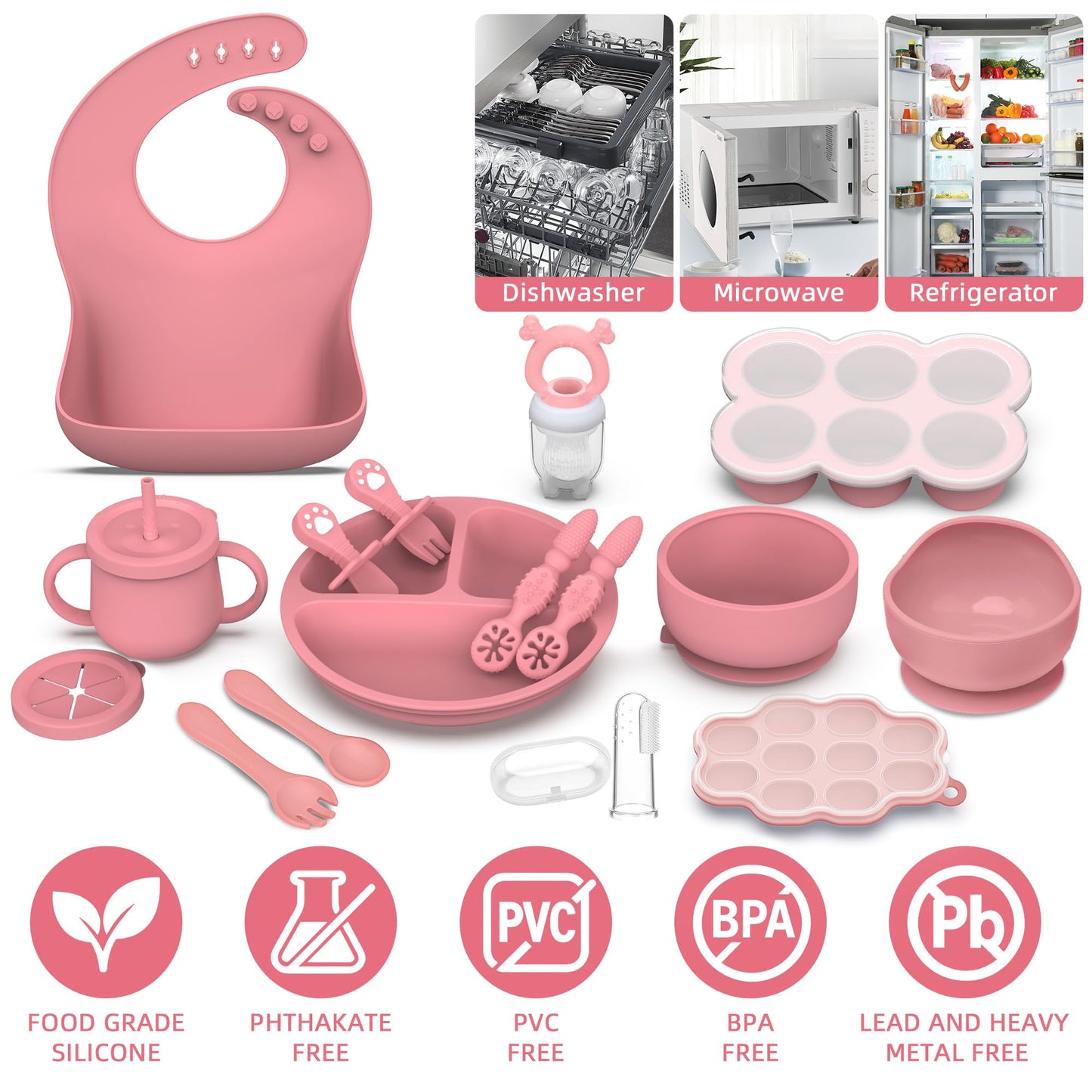 16 Pack Silicone Baby Feeding Set, BPA-Free Baby LED Weaning Supplies, Include Suction Plates, Baby Bowls, Silicone Fork & Spoon, and More, First Stage Baby Food Eating Utensils - 6+ Months(Pink, 16)
