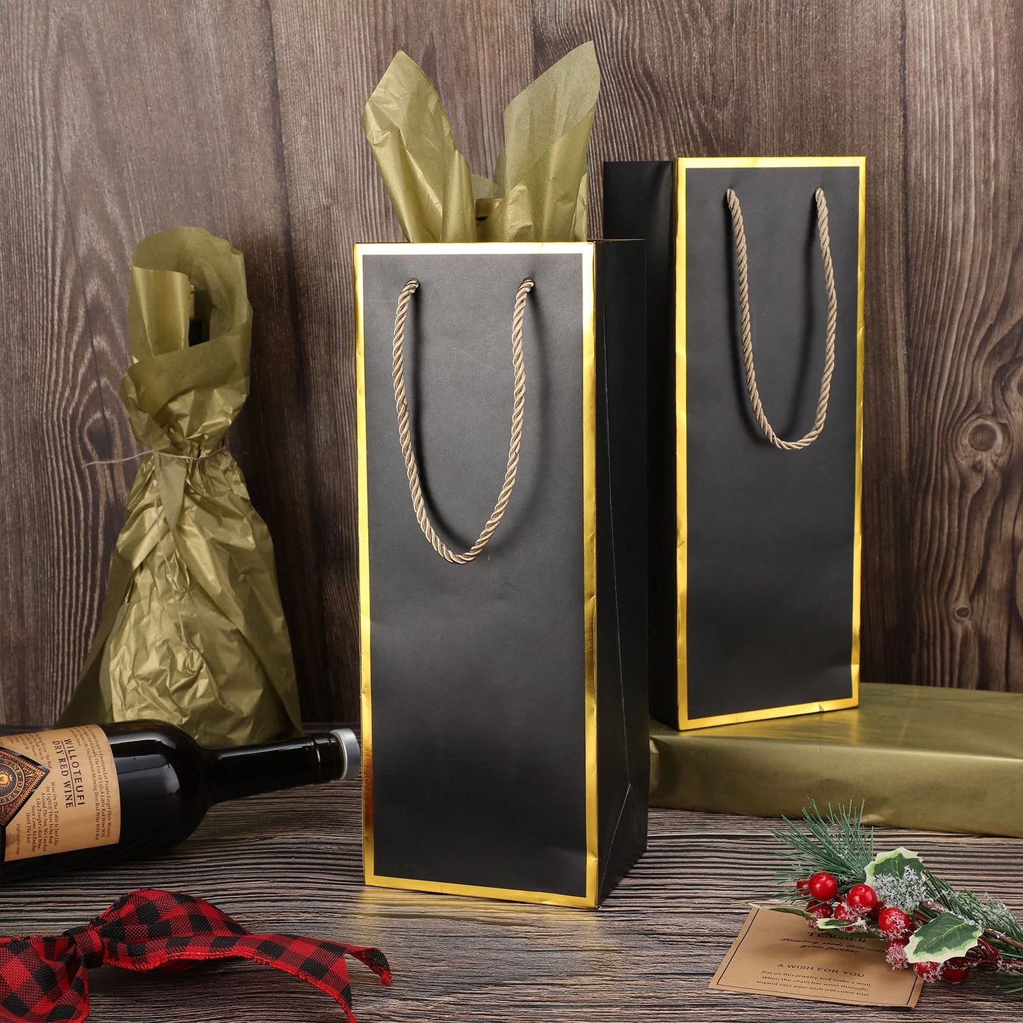 TaoBary Black Wine Gift Bags and Gold Wrapping Paper Set Wine Bags for Bottle Bulk 4 x 5 x 13 Inch Champagne Gift Paper Bags with Handles for Appreciation Wedding Party Anniversary(50 Packs)