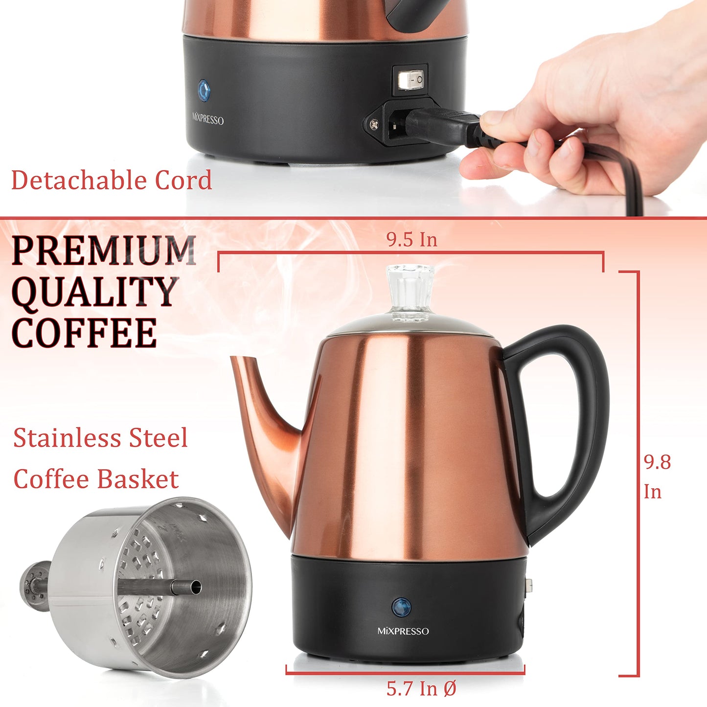 Mixpresso Electric Coffee Percolator Copper Body with Stainless Steel Lids Coffee Maker, Percolator Electric Pot - 4 Cups, Copper Camping Coffee Pot