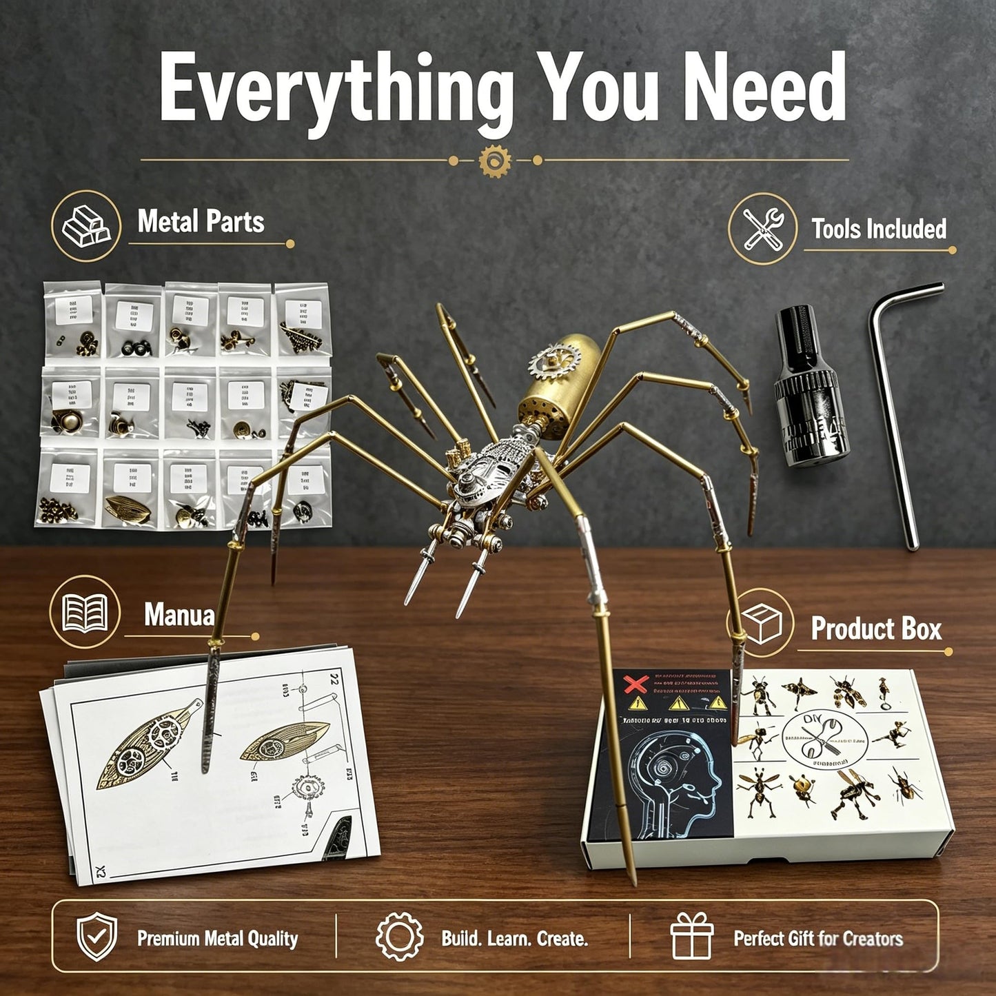 3D Steampunk Mechanical Insect Puzzle Kit - DIY Metal Assembly Model for Adults, Unique Retro Brass Sculpture Craft for Home Office Decoration (Frons Spider)