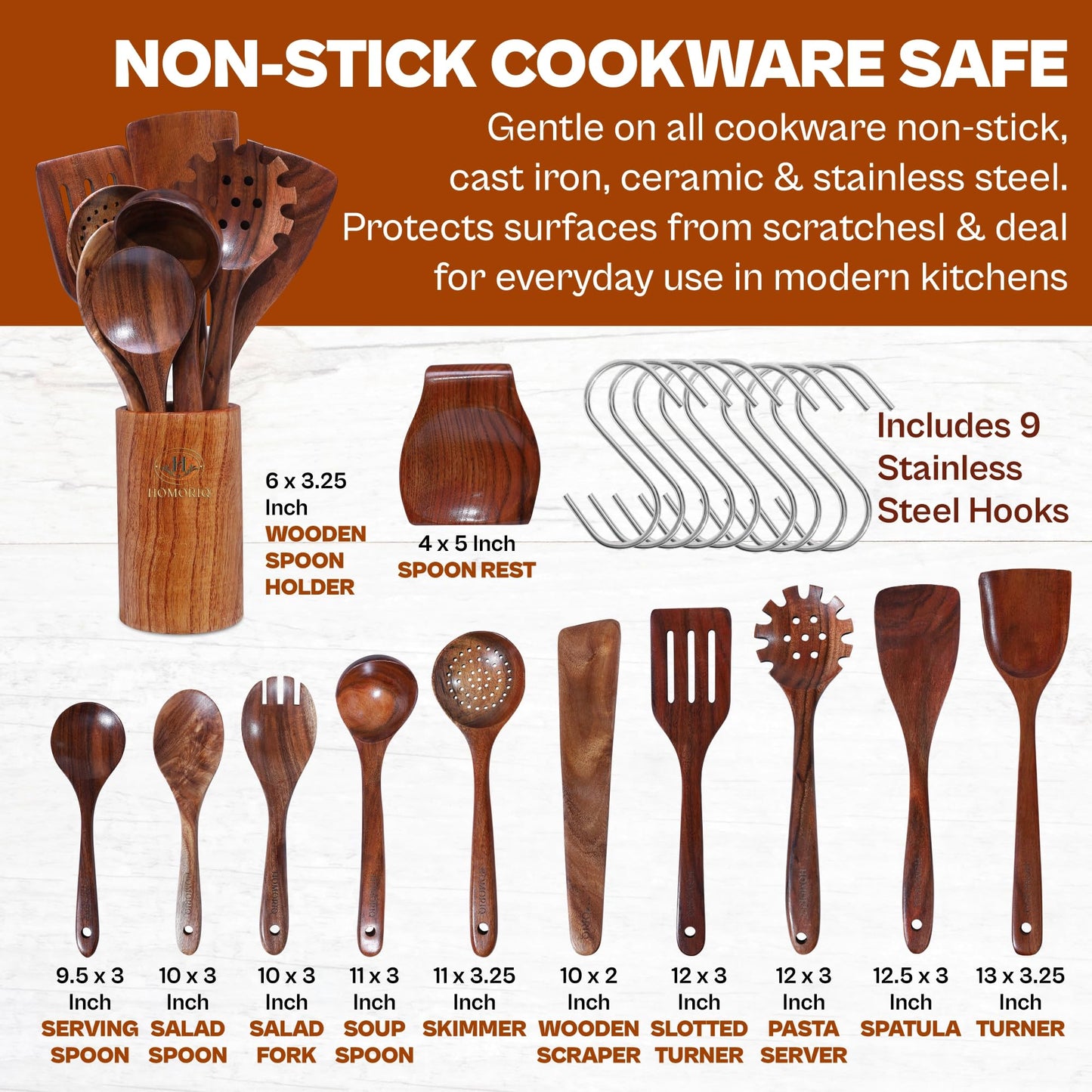 12-Piece Premium Teak Wooden Cooking Utensils Set – Heat-Resistant Spoons & Spatulas with Holder and Spoon Rest | Non-Stick Safe, Lightweight Natural Wood Kitchen Tools