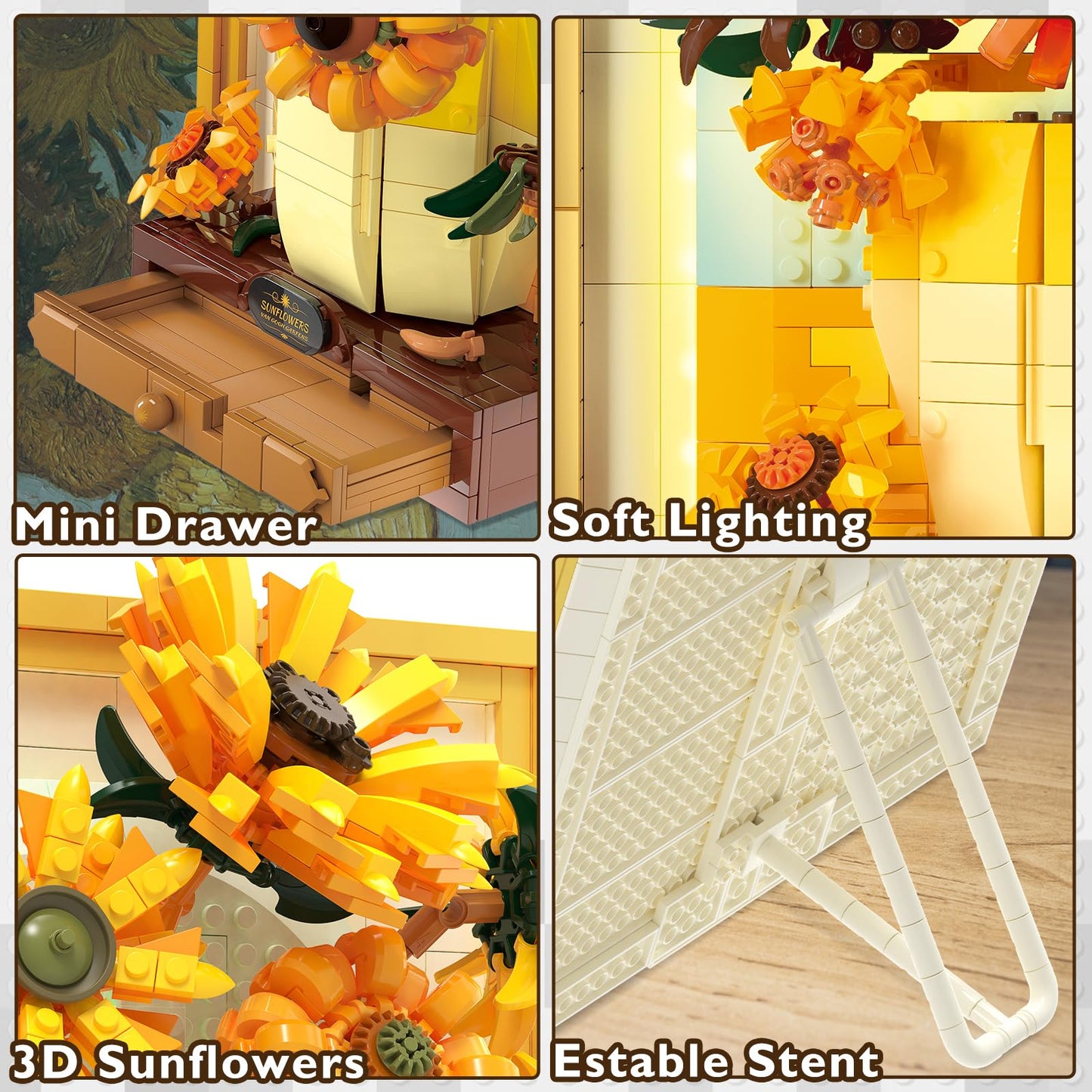 JMBricklayer Flowers Sunflower Building Sets for Adults with Lights 70004, Van Gogh Wall Art Crafts, Plants Painting Frame for Room Home Office Decor, Flower Birthday Gifts Ideas for Women Girls Teens