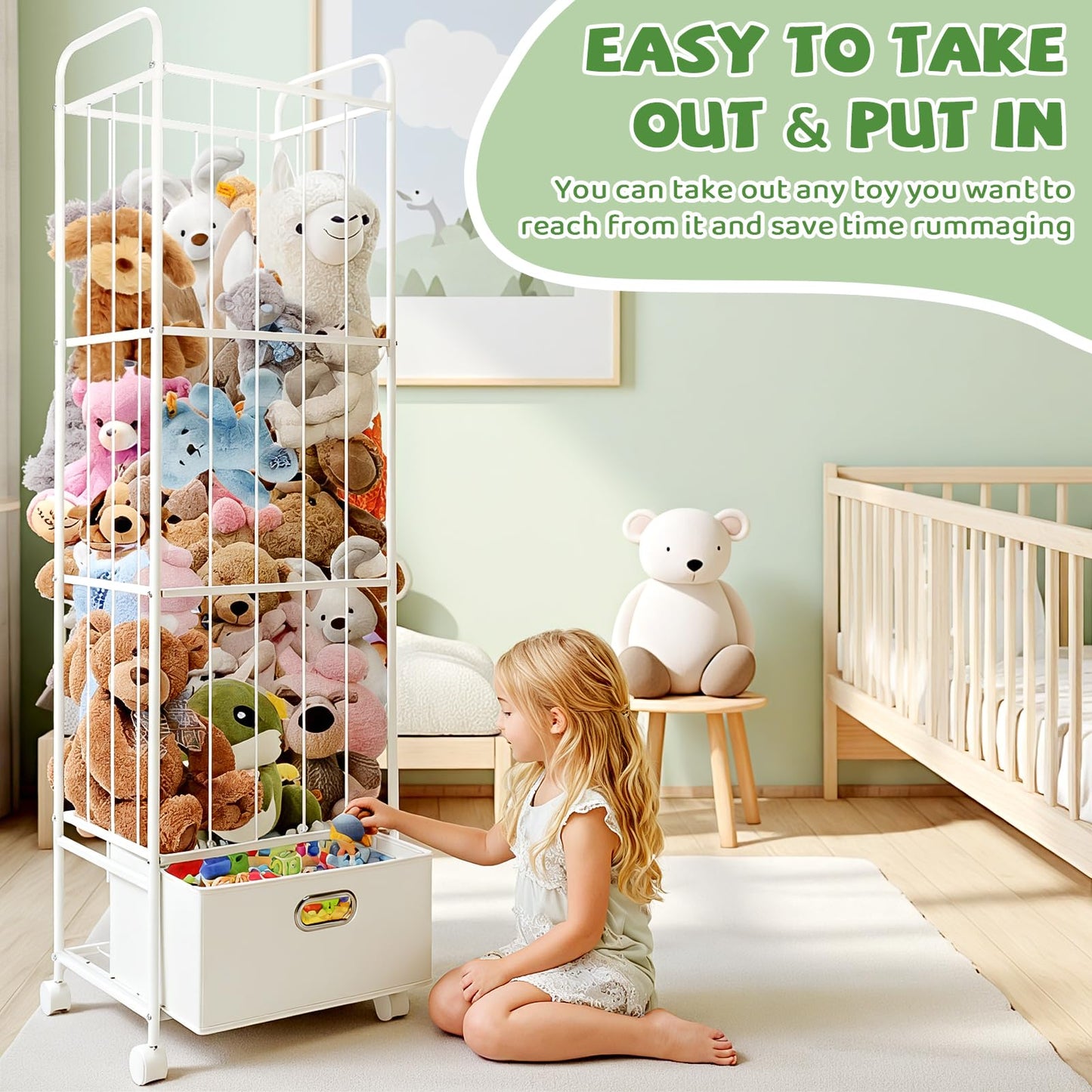 Puppiluv Stuffed Animal Storage, Metal Stuff Animals Zoo Holder with Fabric Drawer and Wheels Tall Vertical Plushies Toy Organizer Plush Storage Cage with Elastic Band for Nursery Playroom Corner