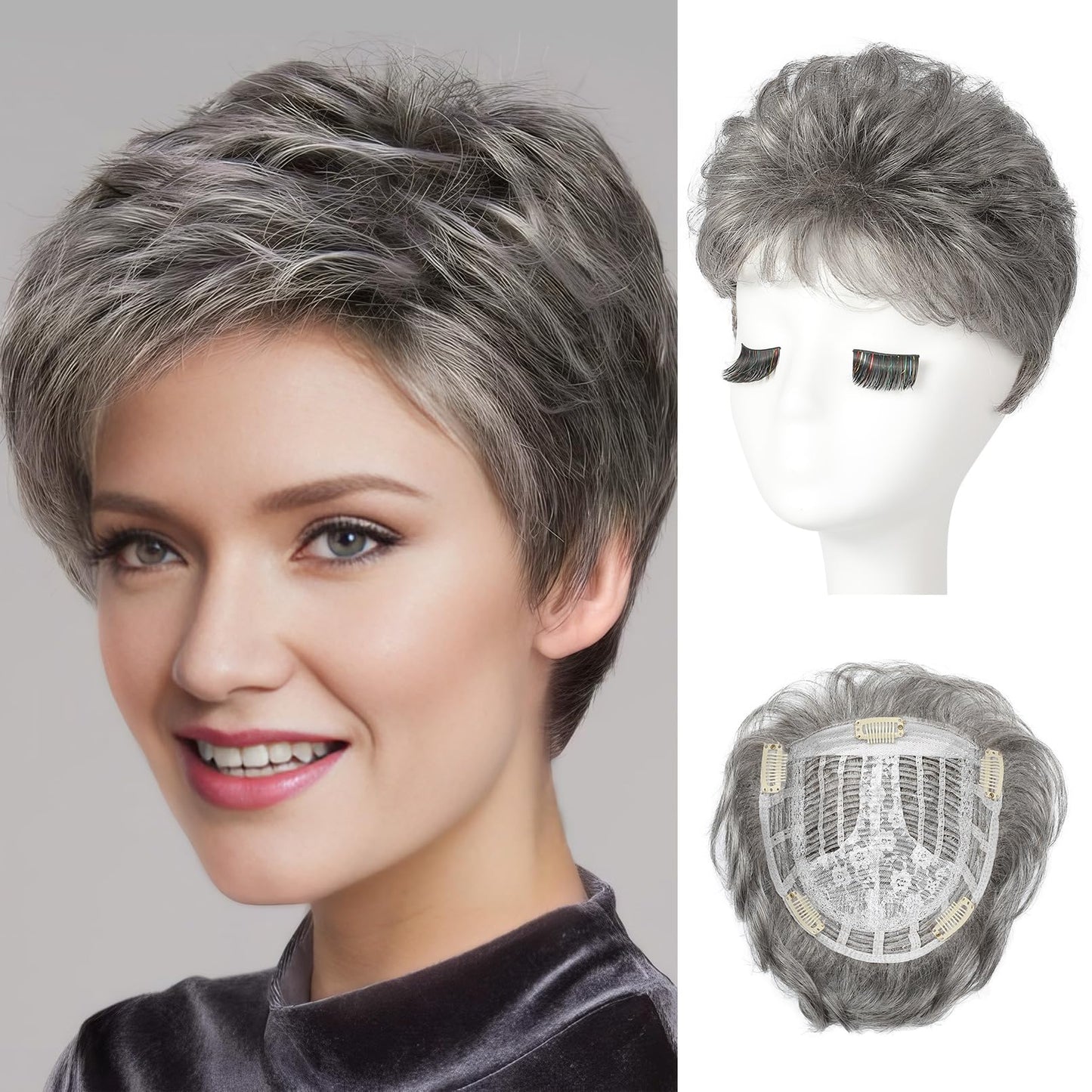 REECHO Hair Topper, Short Wiglet Hair Topper for Women with Thinning Hair Large Coverage Synthetic Top Crown Hair Piece for Women - Grey