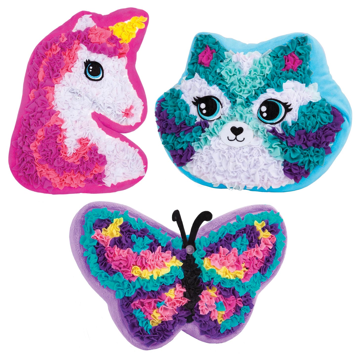 ORB PlushCraft DIY Unicorn, Butterfly, Cat Pillow Gift Set 3 Pack Craft Kit - Mess Free Punch Fabric By Number System, No Sewing Required - Includes 3 Fun Pillow Craft Projects for Boys and Girls