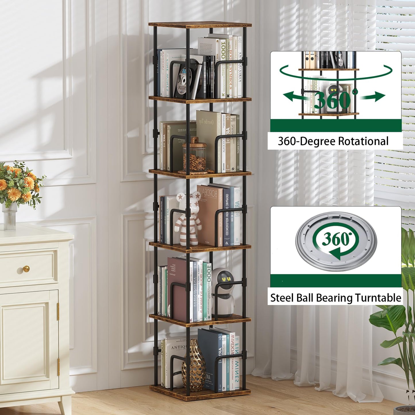 swlongbooks 5-Tier Rotating Bookshelf, Freestanding Corner Bookshelf, 360° Spinning Bookcase Industrial Style Storage Rack with Rails, for Living Room, Bedroom, Study