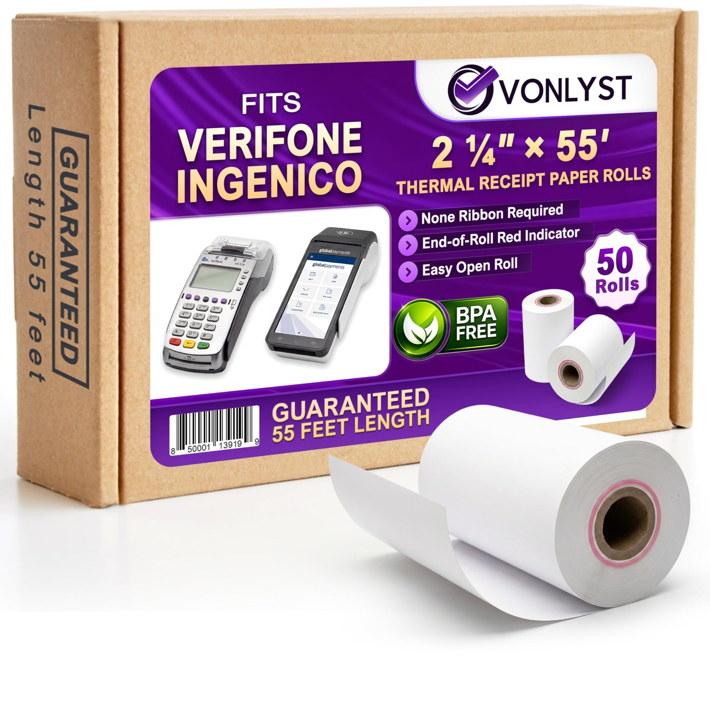 Verifone & Ingenico Thermal Paper Rolls 2 1/4" x 55' (50 Pack) BPA Free Receipt Paper for VX520 VX680 T650 V400m ICT220 ICT250 Desk 3500 Move 5000 Credit Card Machine