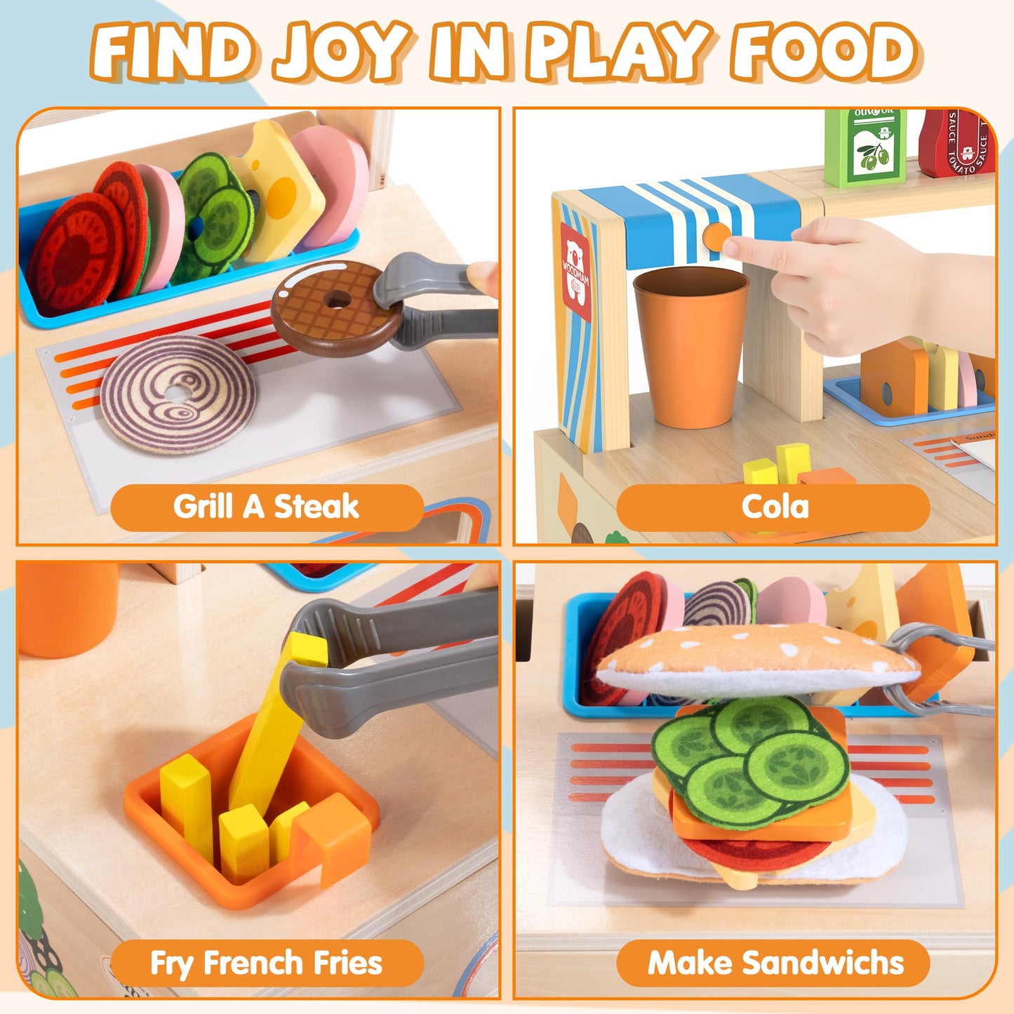 Wooden Play Food Sets Sandwich Counter, 56 Pcs Foldable Pretend Play Kitchen Food Toy with Burger, Ice Cream, Fries, Play Money & Menu, Kids Play Store Boys Girls Birthday Gift for Toddlers Ages 3+