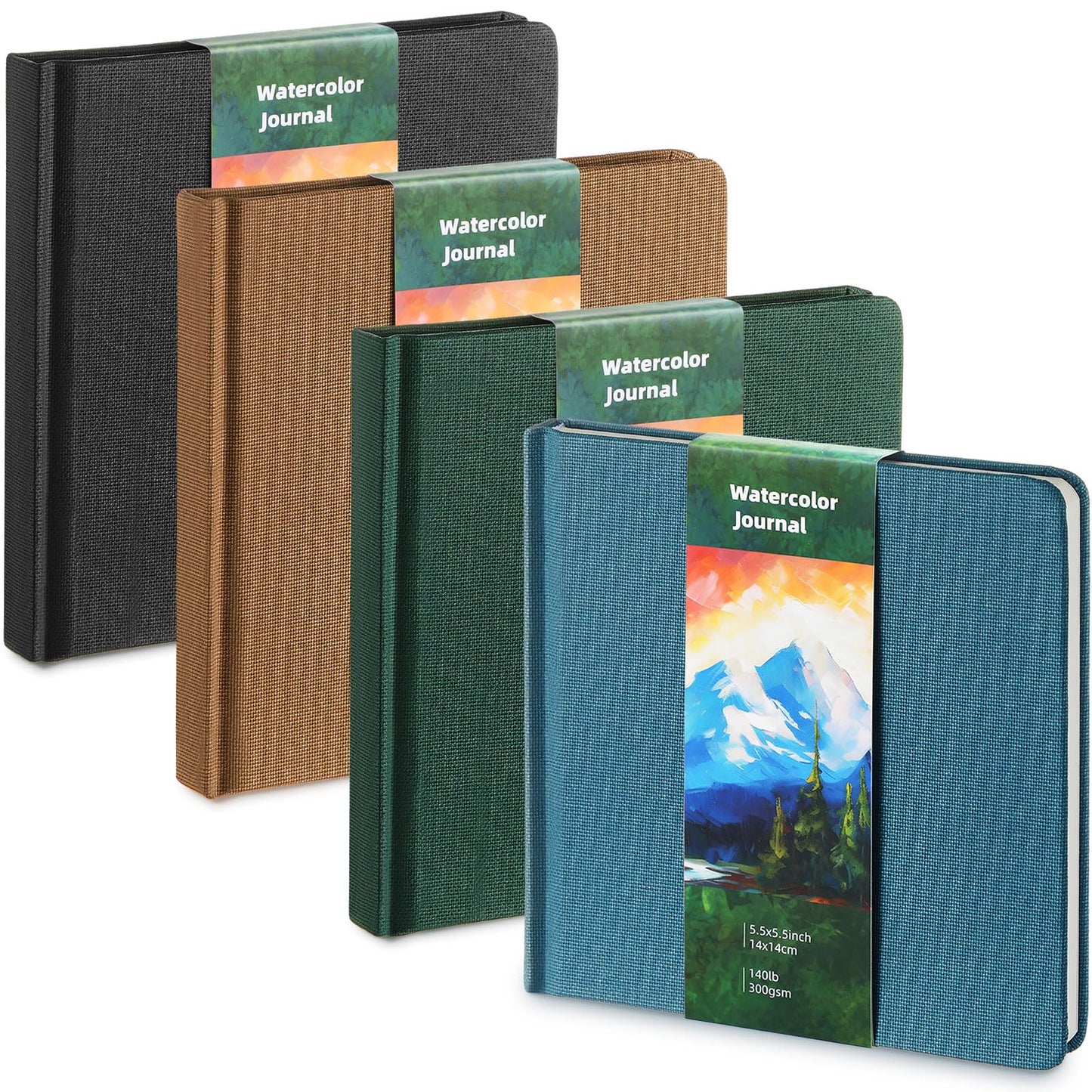 Mooliwe 4 Pcs Watercolor Travel Journal Watercolor Sketchbook Painting 5 x 5 Inch 300 GSM Cotton Cold Press Notebook for Painter Beginner Graduation Gift(Dark Green Color)