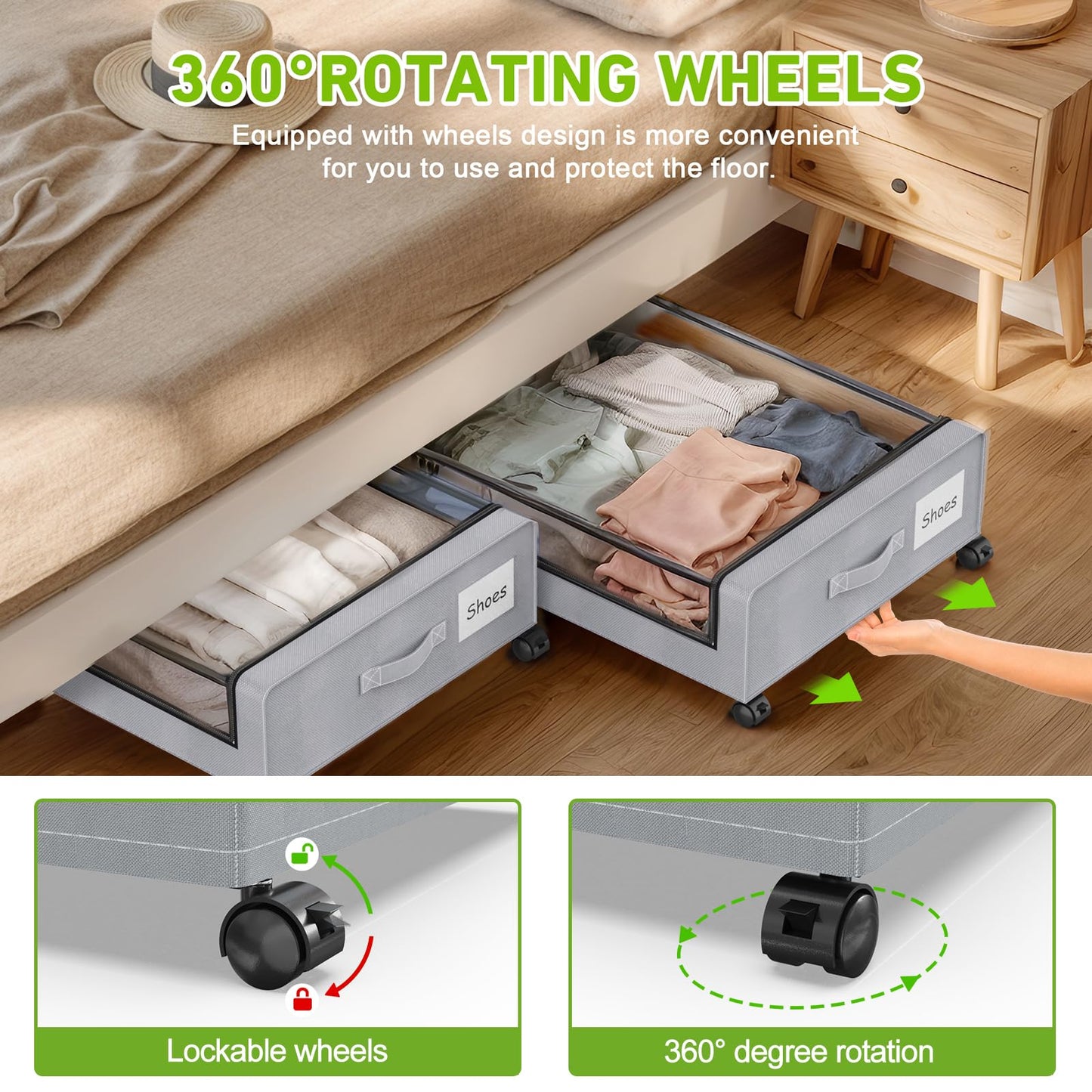 Molutsody Under Bed Storage with Wheels, 2-Pack Underbed Storage Containers with Clear Lids, Under Bed Shoe Storage Organizer Bins, Rolling Under Bed Storage for Clothes Shoes Blankets (Grey)