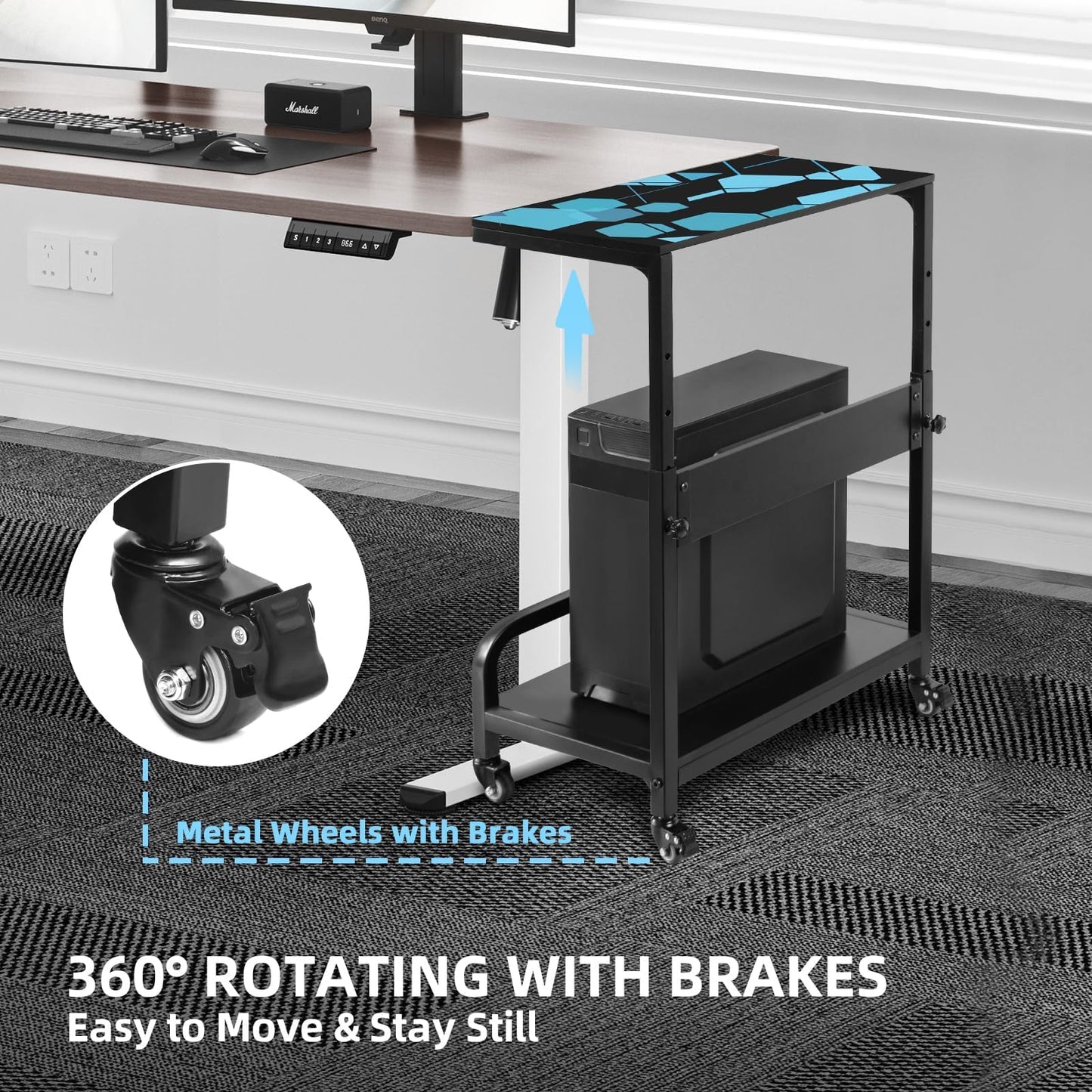 Adjustable Computer Tower Stand Large with Guardrail, 2 Tier Gaming PC Tower Stand for ATX, E-ATX, ITX, Rolling Floor Cart with Locking Metal Wheels, 32.7" X 21.6" X 15.8"