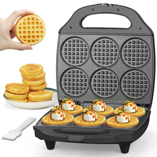 Baker's Friend Multi Mini Waffle Maker Machine, 6 x 3'' Small Waffle Iron, Perfect for Families and Individuals Use, Excellent Choice for Breakfast Brunch Parties & Events, Graphite