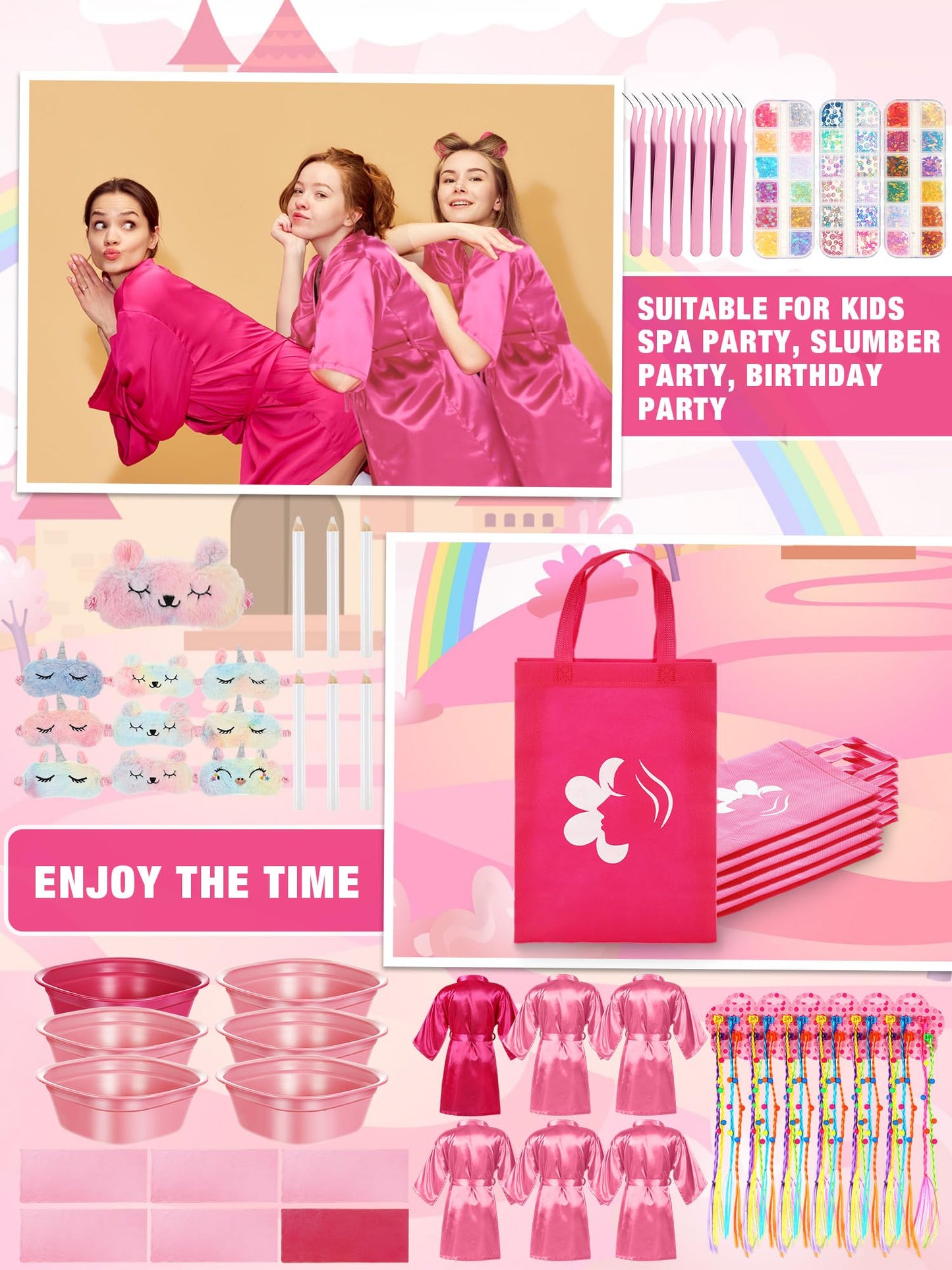 Suhine 6 Set Spa Party Supplies for Girls Kids 6 Satin Robes Spa Kit Sleepover Birthday Slumber Party Favors Nail Salon Pack(Pink, Rose Red)