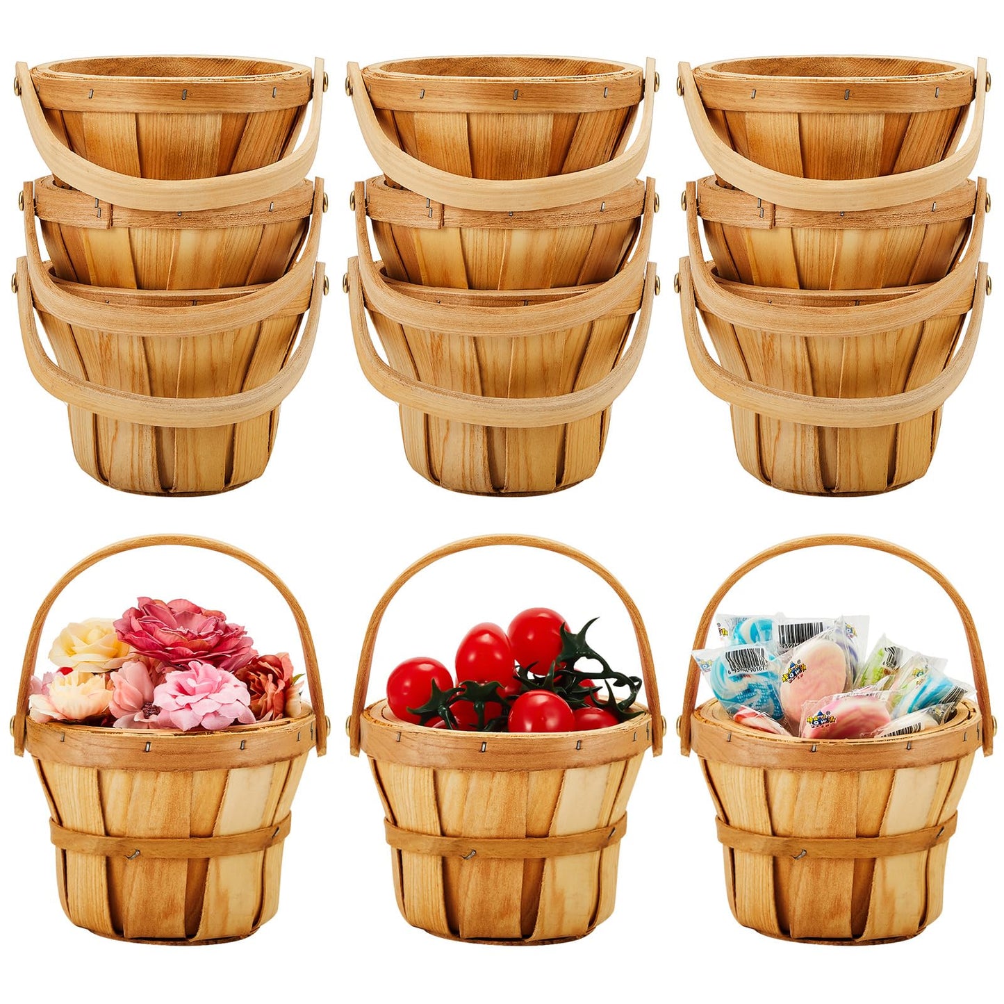 Marsui Mini Wooden Apple Baskets Bulk for Gifts 4 x 5.1 Inch Mini Berry Baskets with Handle for Picnic Garden Picking Fruit Strawberry Flowers Crafts Picnic Home Wedding Party Decor(10 Pcs)