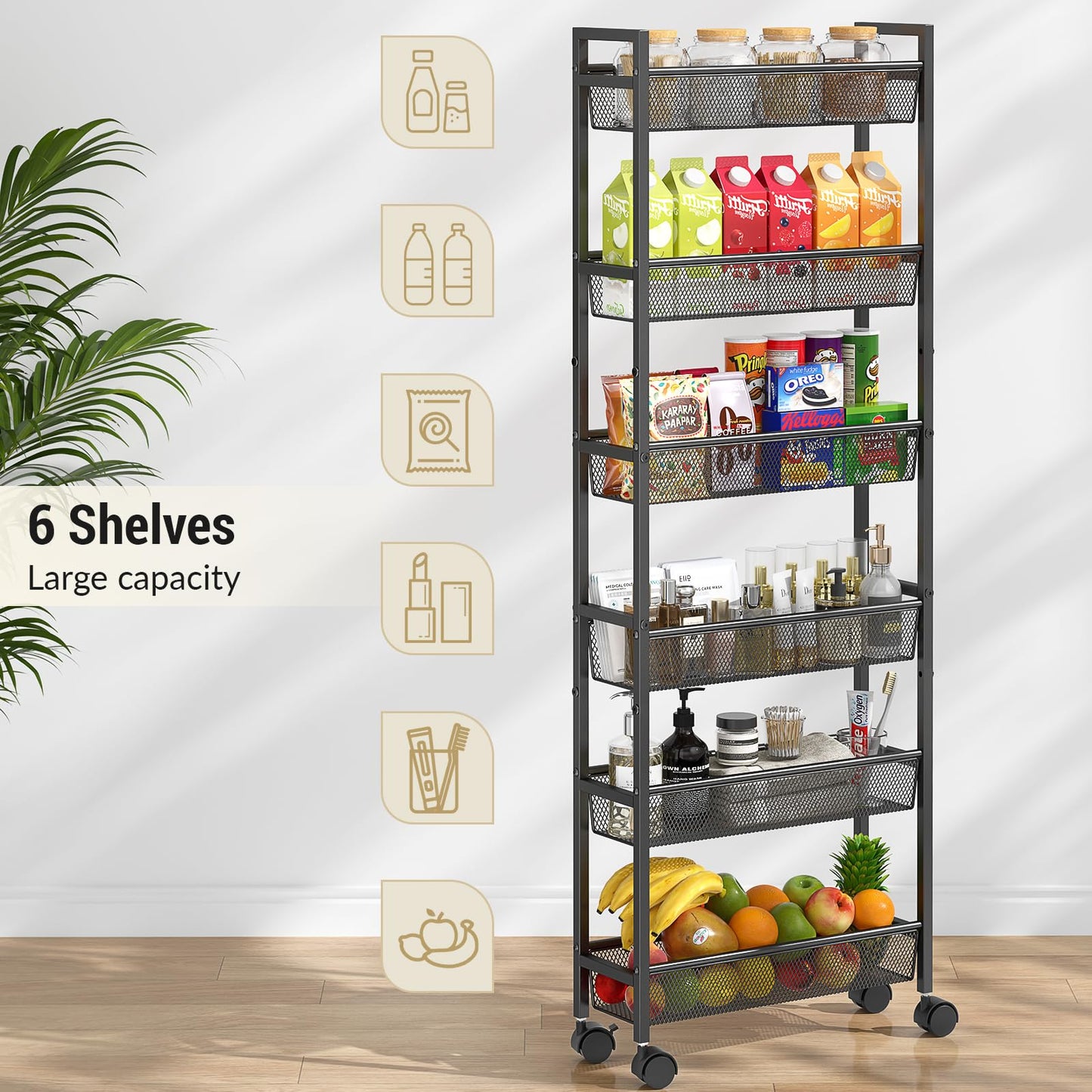 ThreeHio 6 Tier Slim Storage Cart, Narrow Cart with Wheels, Metal Mobile Shelving Unit Organizer for Kitchen, Bathroom, Laundry Room, Living Room & Narrow Spaces, Black, 6in(W)