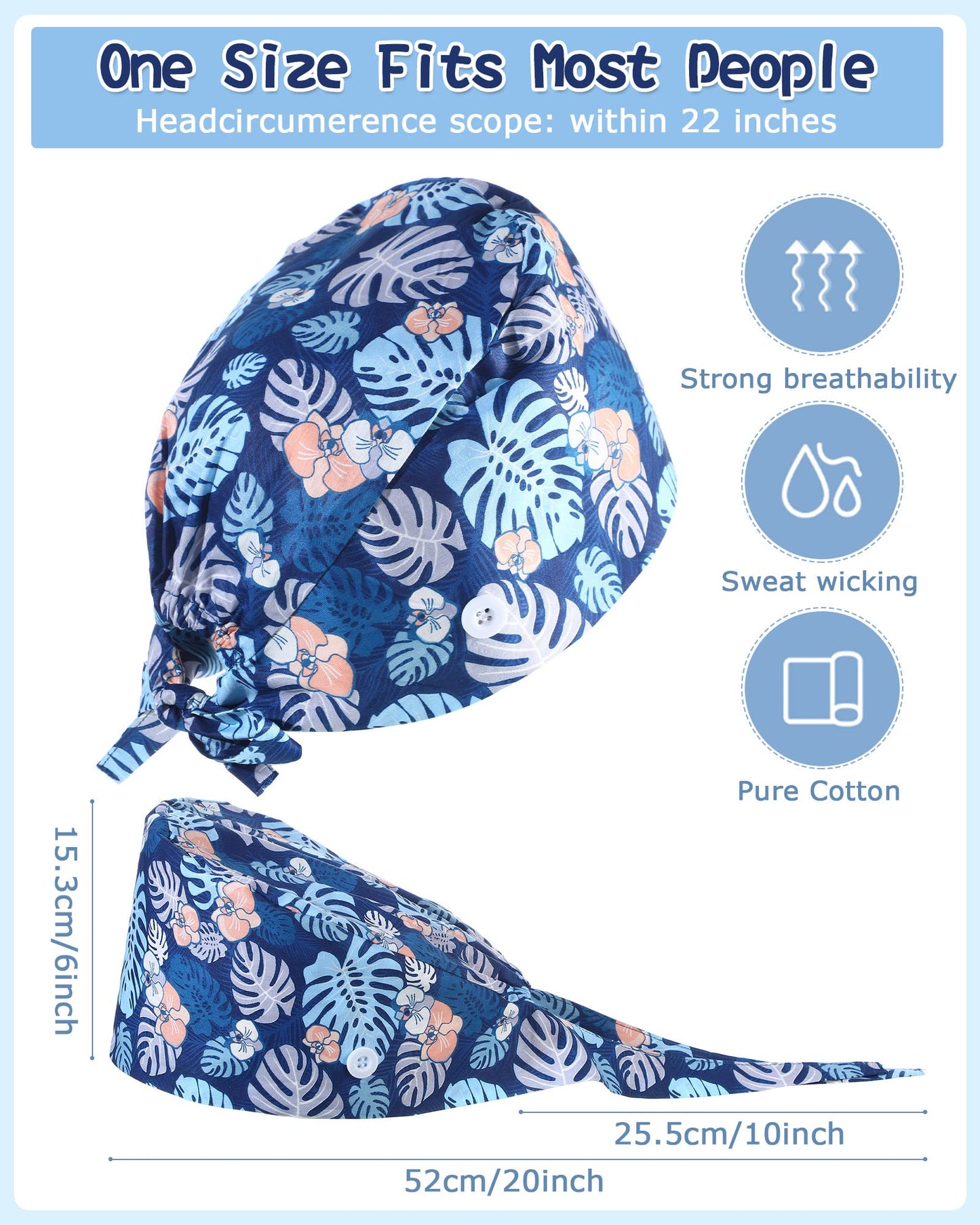 24 Pieces Adjustable Working Caps with Buttons Sweatband for Women Men, Nursing Scrub Hats Gourd Shaped Tie Back Cap for Doctor Nurse Beauty Salon Caps, Cotton Headwear Printed