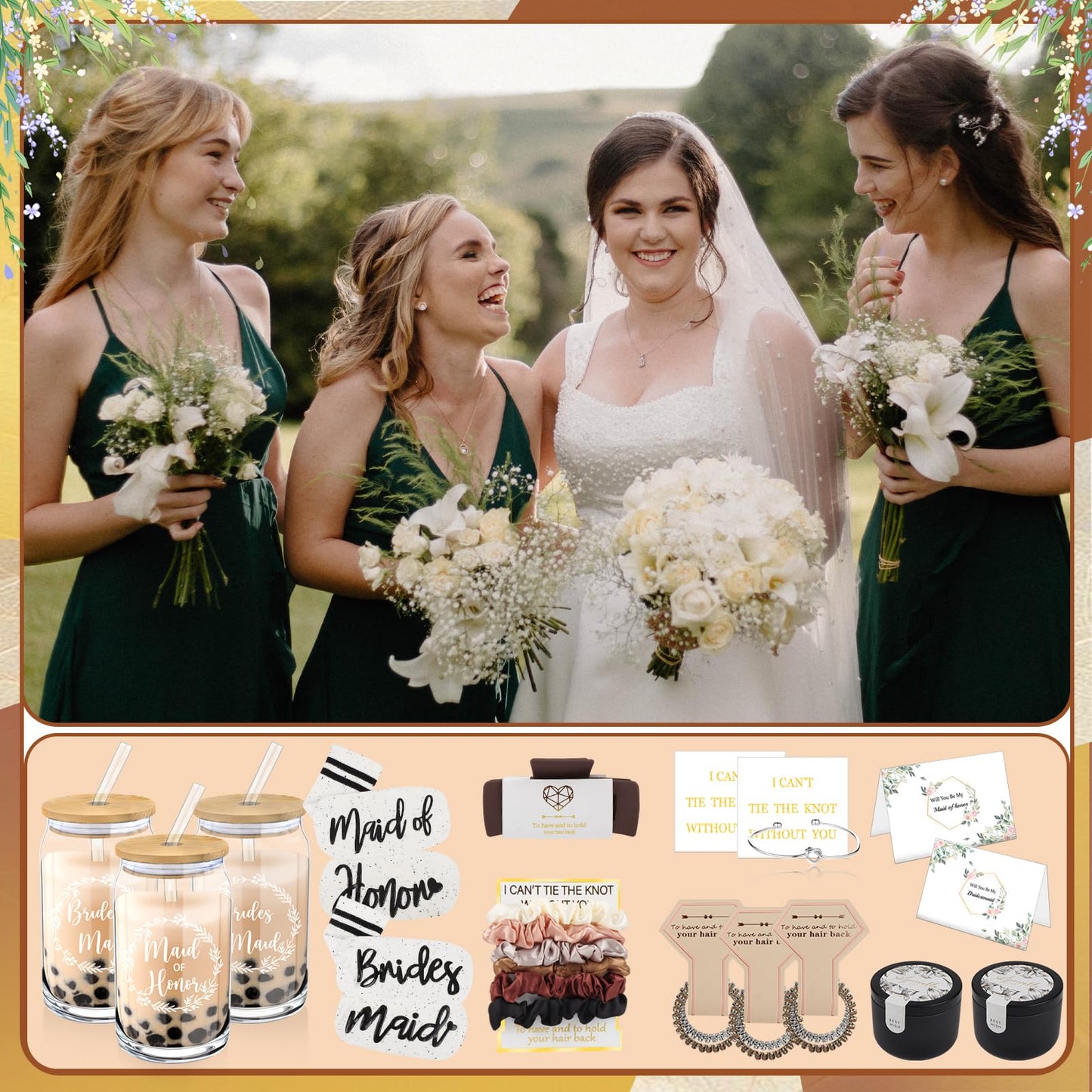 Mhoel 40Pcs Bridesmaid Proposal Box Gifts Set of 4 Will You Be My Maid of Honor Proposal Gifts Set Rectangular Hair Clips Soft Socks Scented Candle Bridesmaid Scrunchies Spiral Hair Ties Bridal Shower