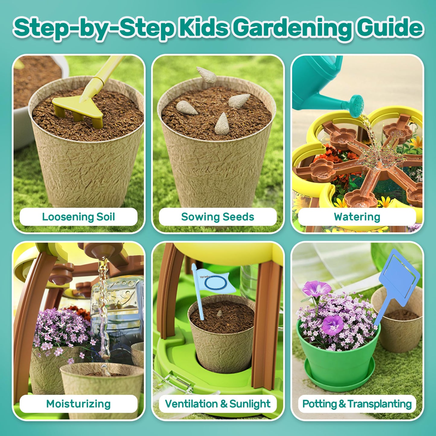 CUTE STONE Kids Gardening Tools Set with Wheelbarrow, 2 Shovel & Rake, Gloves, Watering can, Kids Plant Growing Kit - Complete Kids Greenhouse & Flower Growing Kit with Upgraded Irrigation
