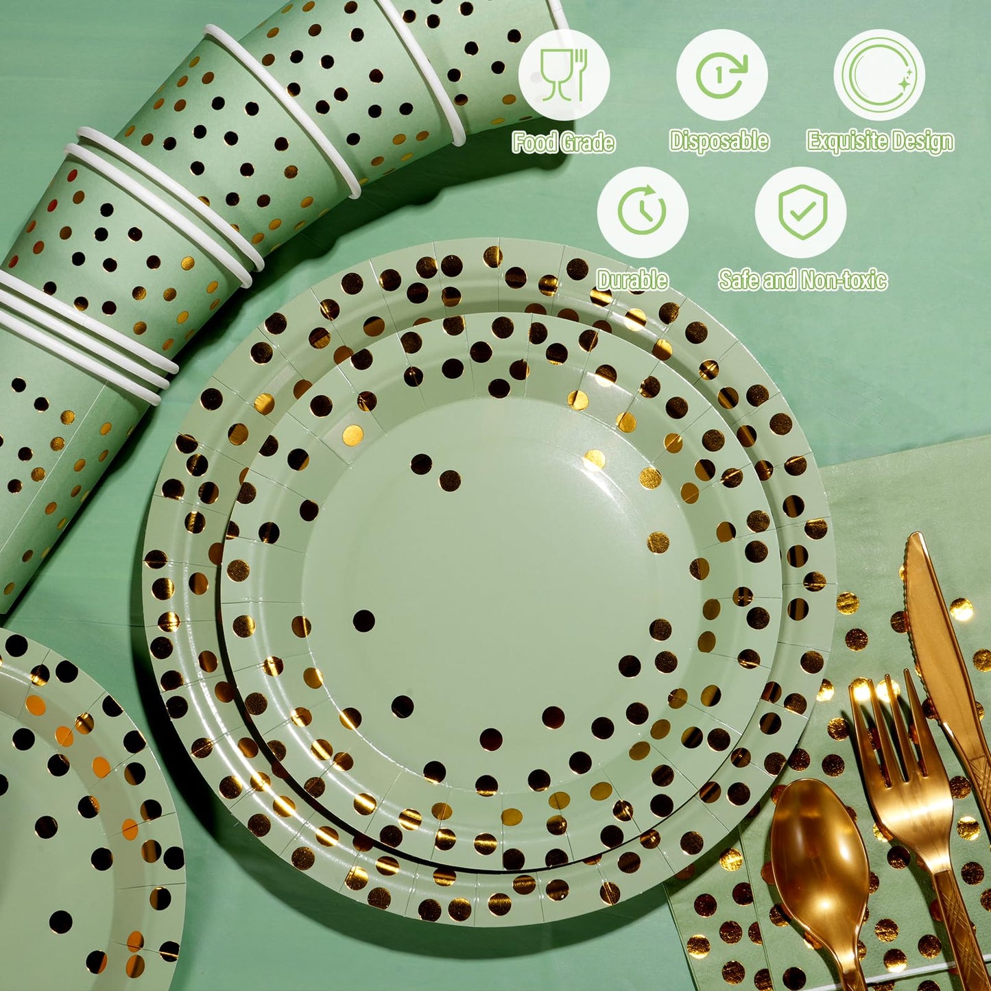 YIDAKO 350pcs Sage Green Paper Plates and Napkins Set, Disposable Sage Green and Gold Polka Dot Party Plates Cups For Baby Shower Birthday Wedding Party Supplies and Decorations, Serve 50