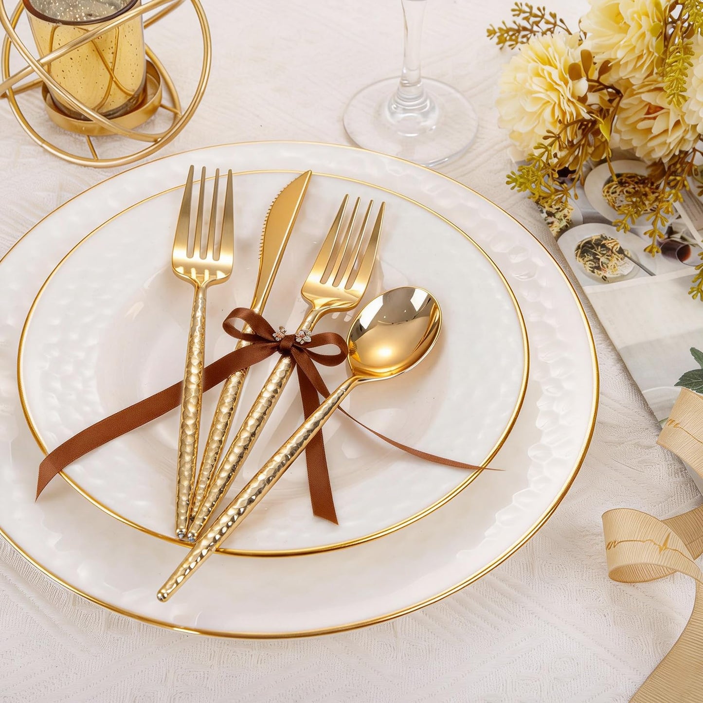WILLIFE 300 Pcs Gold Plastic Silverware -Heavy Duty Plastic Silverware Includes 100 Forks 100 Spoons 100 Knives, Gold Silverware Set for Party, Wedding, Catering & Holidays