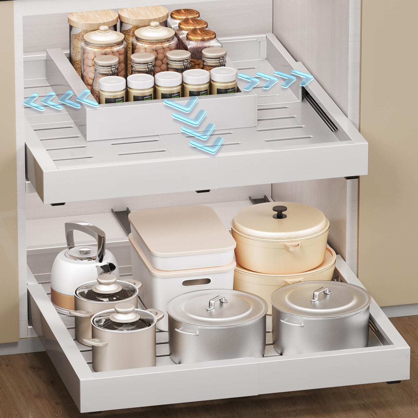Makfoner 2 Pcs Pull Out Cabinet Organizers, Width (12"-19") and Depth (17"-23") Expandable With 3 Slides, No Drill Slide out Drawers Adhesive Film or Nail Cabinets Without Lip in Kitchen, Bathroom