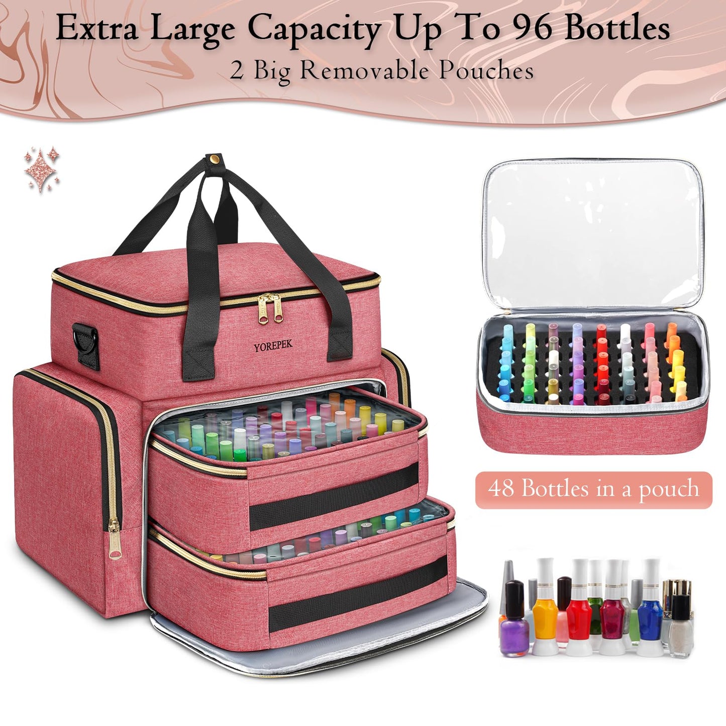 YOREPEK Nail Polish Organizer Case With Foam Inserts Protect Up 96 to 100+ Bottles (15ml/0.5 fl.oz) UV lamp, Travel Nail Tech Carrying Case with Adjustable Space for Gel Dip Powder Tips Set, Pink