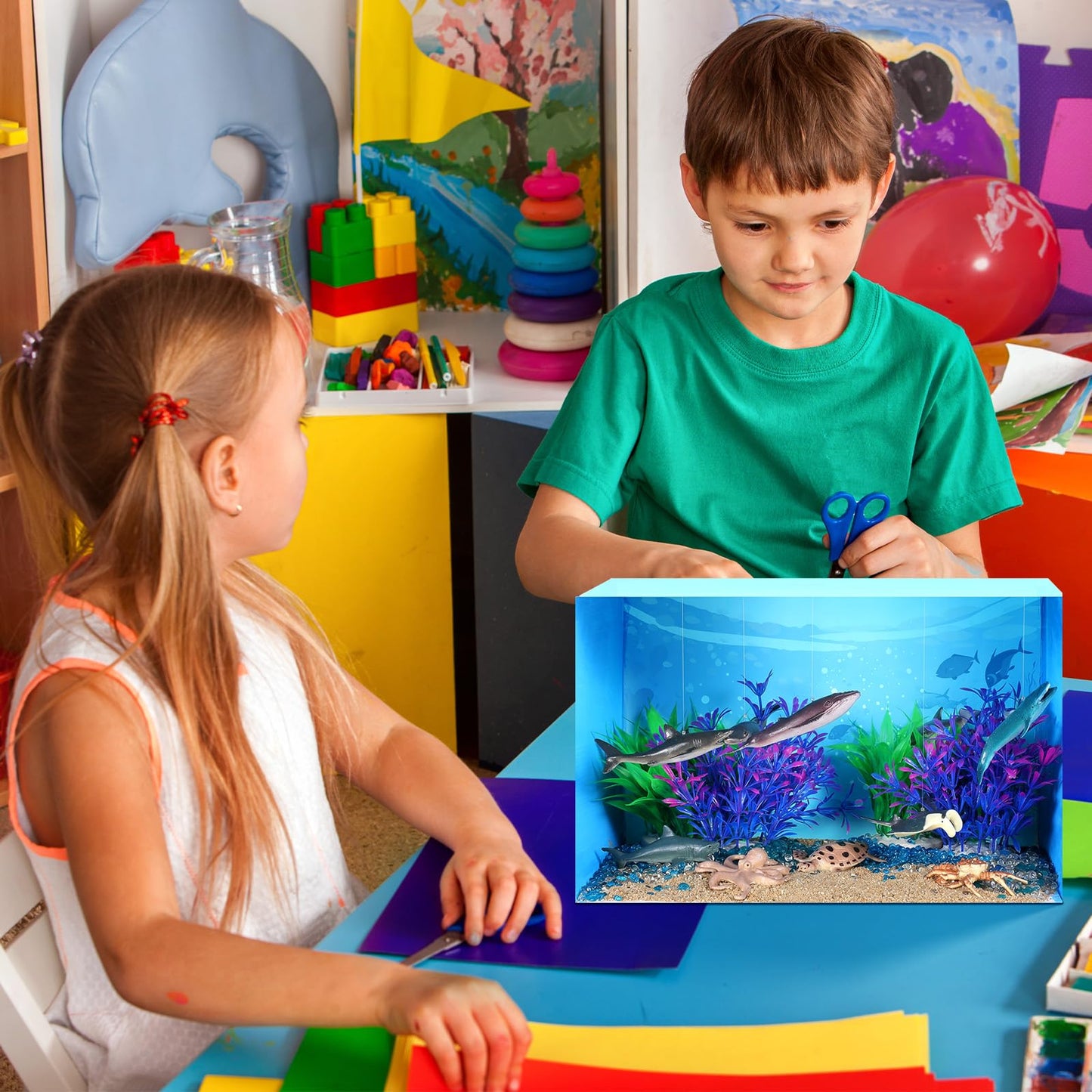 Silipull 23 Pcs Marine Animal 3D Model Project Set, Including Animal Image Model, Artificial Stones, Sand, Stones, and Moss, Comes with a Gift Box, Gift for School Projects and Birthday Parties