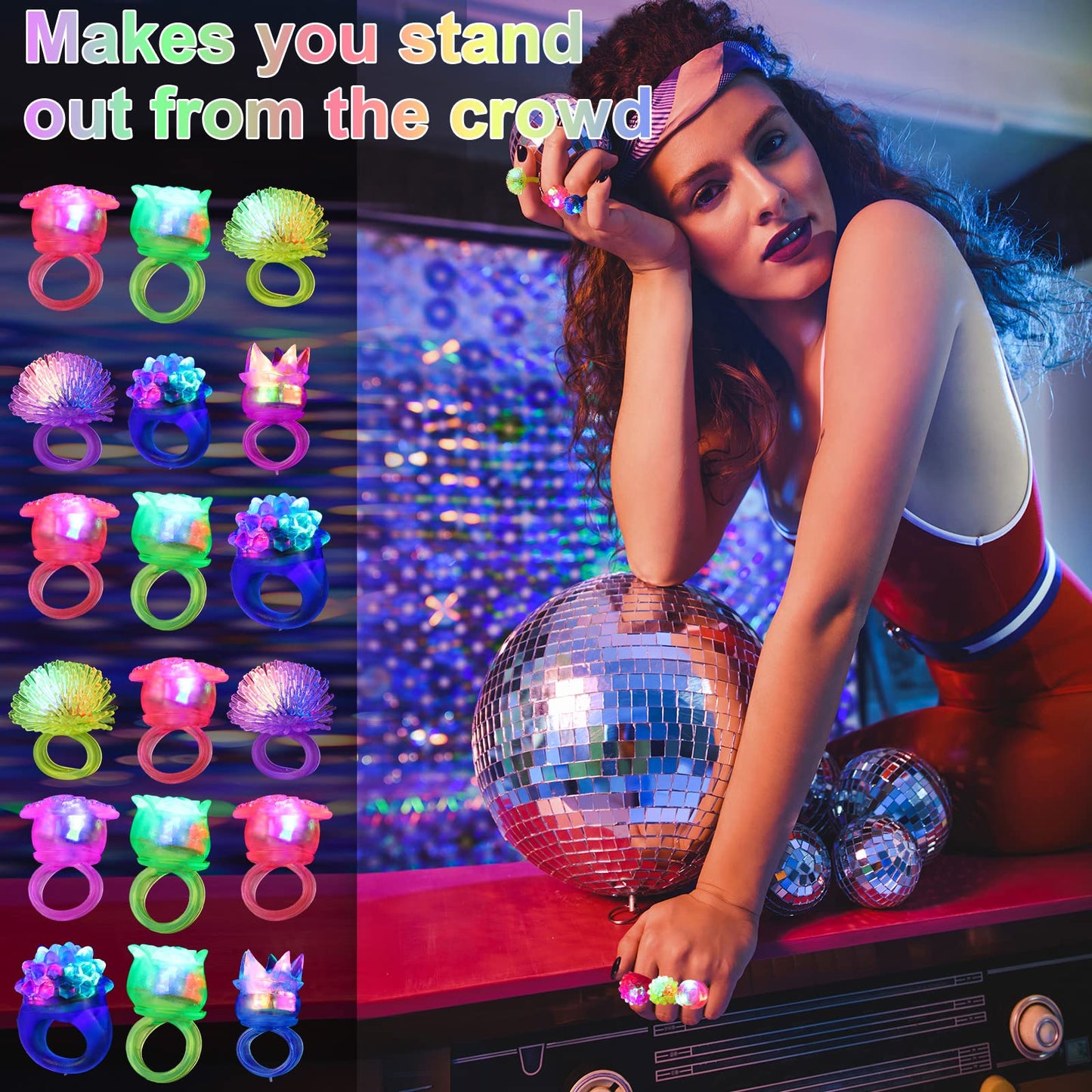 216 Pieces Light Up Rings 6 Style Flashing Glow in the Dark Jelly LED Rings Bumpy Rubber Blinking Light Up Party Favor for Dance Raves Parties Prizes Gift