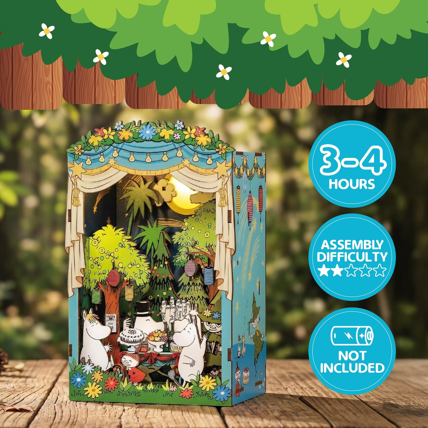 Hands Craft Moomin Moominous Dance Party Book Nook Kit – Fun 3D Puzzle with Touch LED Lights – DIY Wooden Craft Kit for Bookshelf Decor & Gifts – Features Moomintroll & Friends from Moomin Valley