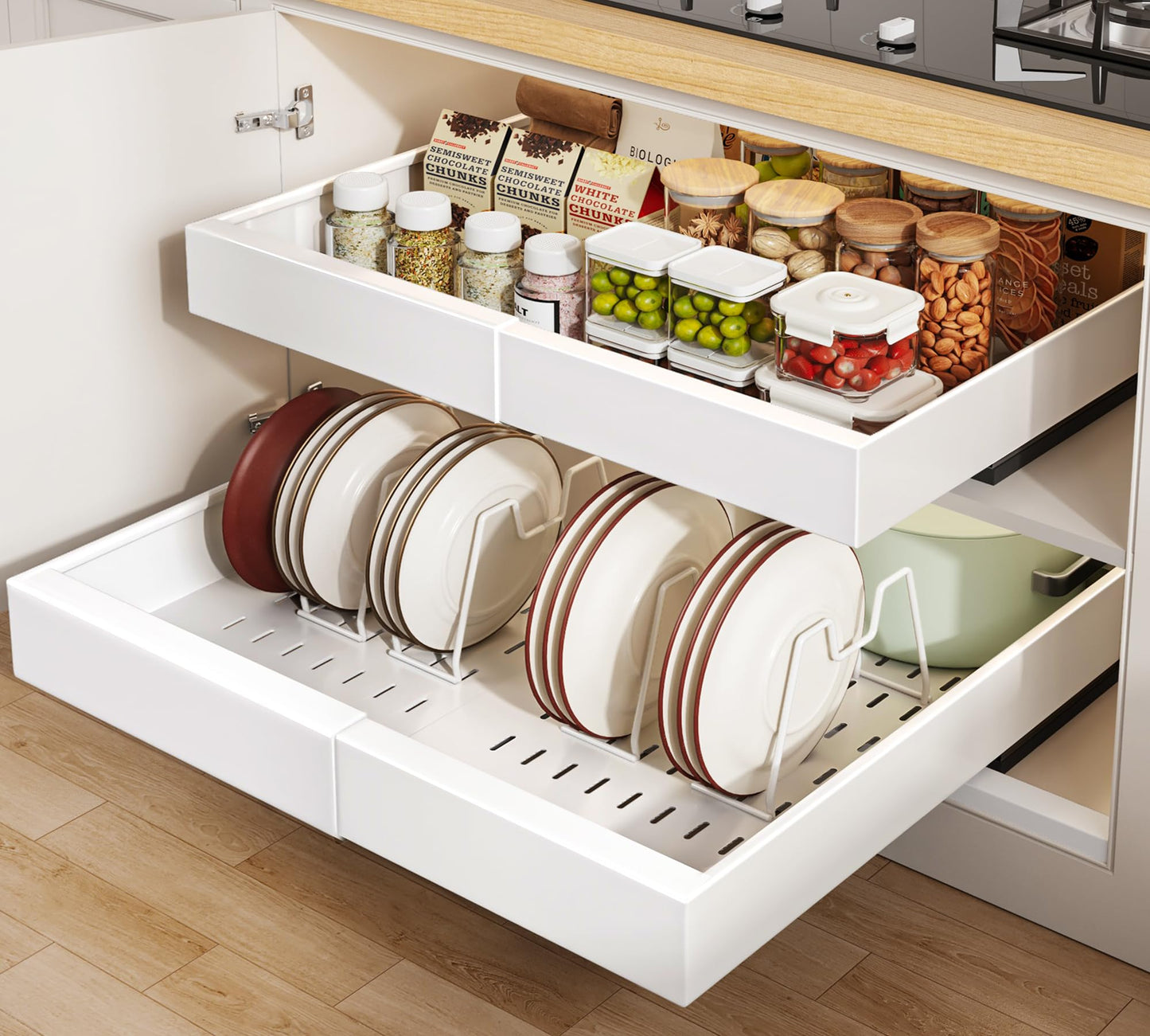 Seinloes 2Pack Pull out Cabinet Organizer 21"Deep with 4 Adjustable Dividers,Expandable（12.1"-20.4"W） Pots and Pans Organizer Under Cabinet with Raising Pad for Framed Cabinets,Slide out Drawers,White
