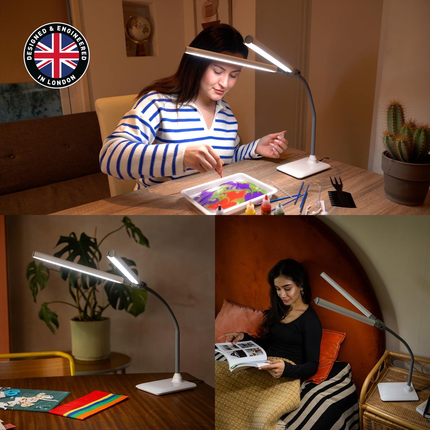 daylight DuoPro™ Table Lamp - Double Shade LED Task Lamp, 4 Brightness Levels, 6,000K, 2,100 Lux, Anti-Glare, Flexible Arm, Touch Dimmer - Ideal for Sewing, Crafting, Reading