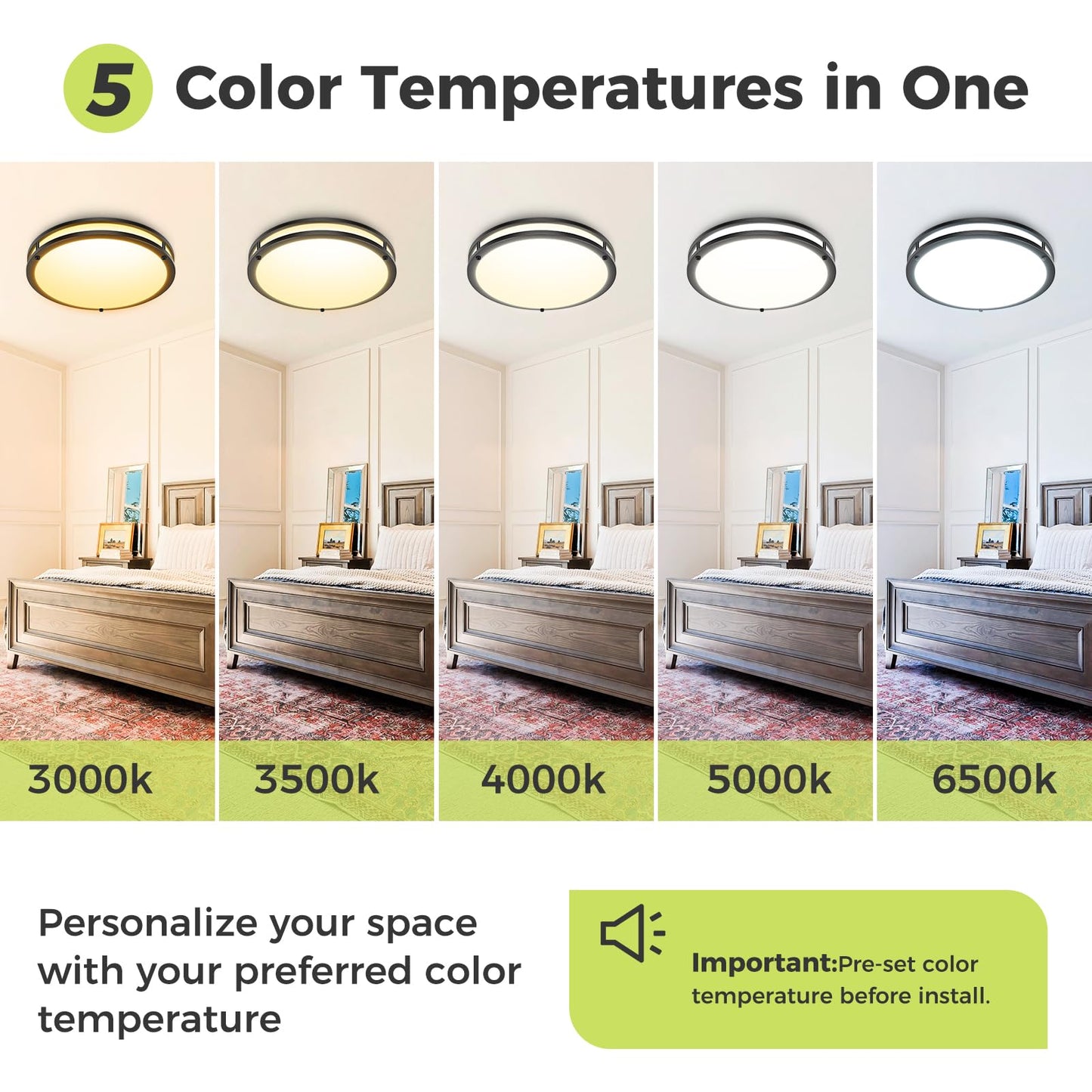 hepside 13inch Flush Mount Ceiling Light Fixture 2 Pack, Dimmable & 5 Color Temperatures Ceiling Light Black, 24W 3000K 3500K 4000K 5000K 6500K Adjustable Ceiling Lamps for Bathroom Bedroom Hallway