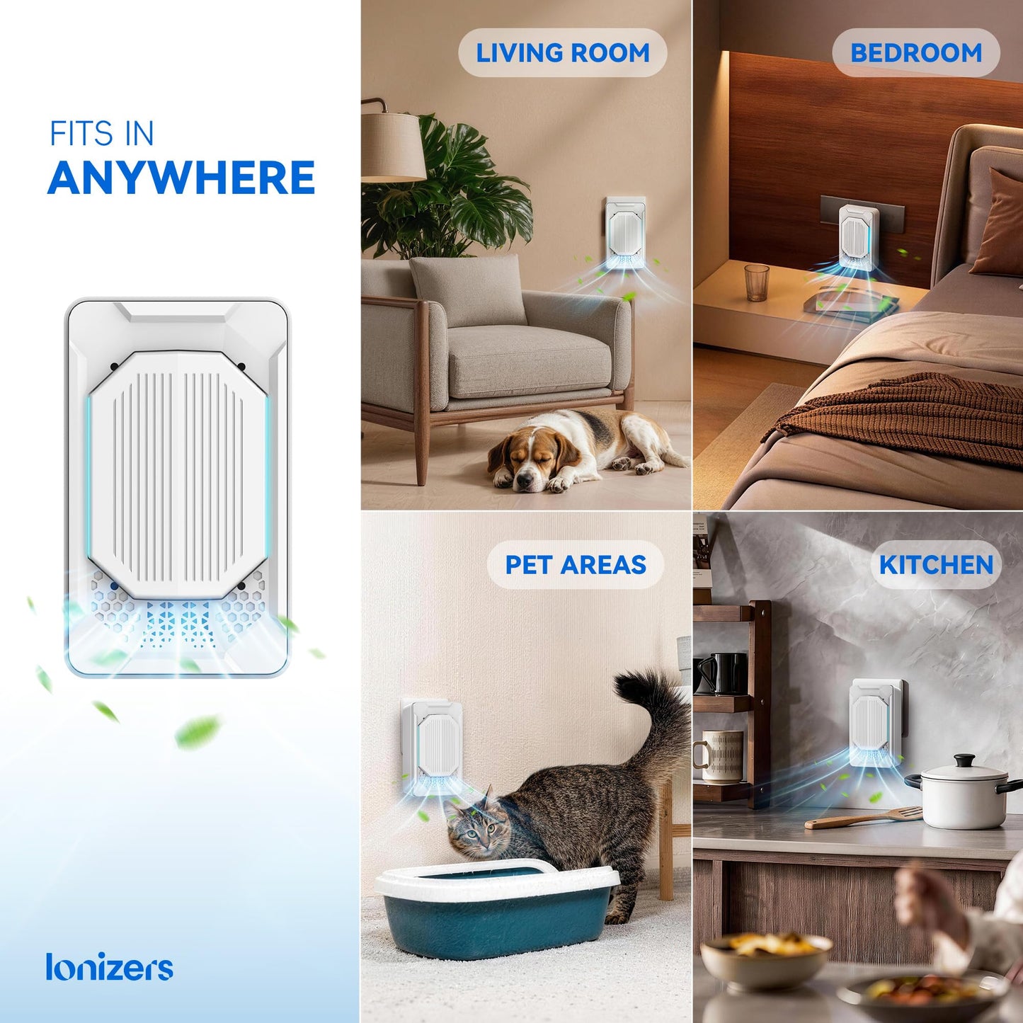 Air Purifiers for Home Pets (2 Pack), Air Ionizers Plug In for Bedroom, Office & Kitchen, Portable Quiet Odor Reducer for Pets, Smoke, Dust & Pollen, Air Freshener, Easy to Use, Low Noise