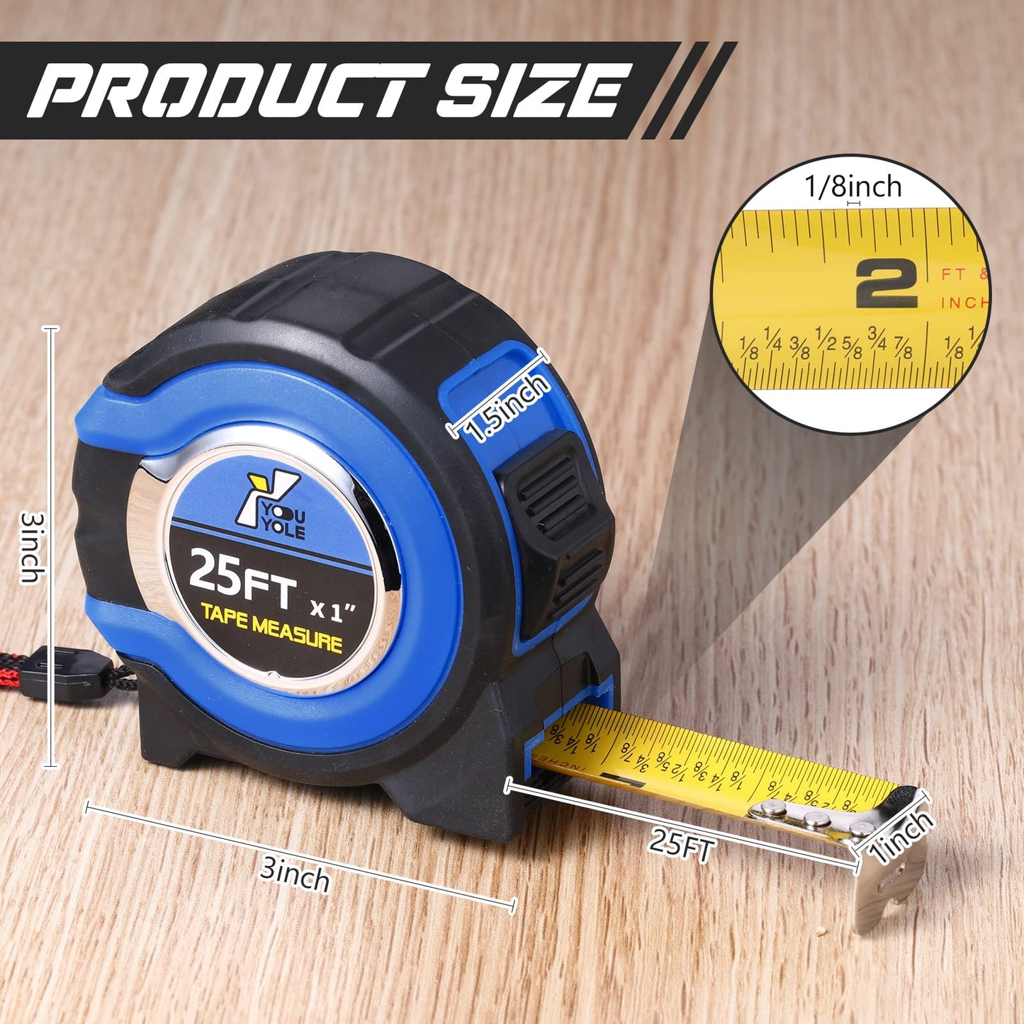 Youyole 10 Pack Tape Measure with Fractions 1/8 Steel Measuring Tape Retractable Easy Read Measurement Ruler Steel Power Blade (25 ft X 1 in,Blue)