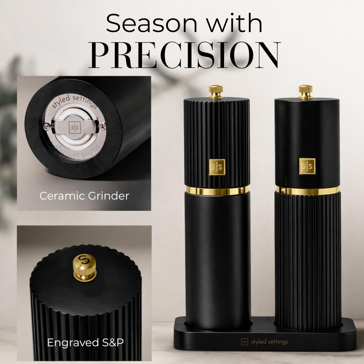 Wooden Salt and Pepper Grinder Set – Refillable Manual Salt and Pepper Mills with Adjustable Ceramic Burrs, Gold Detailing, and Wood Stand – Dark Wood