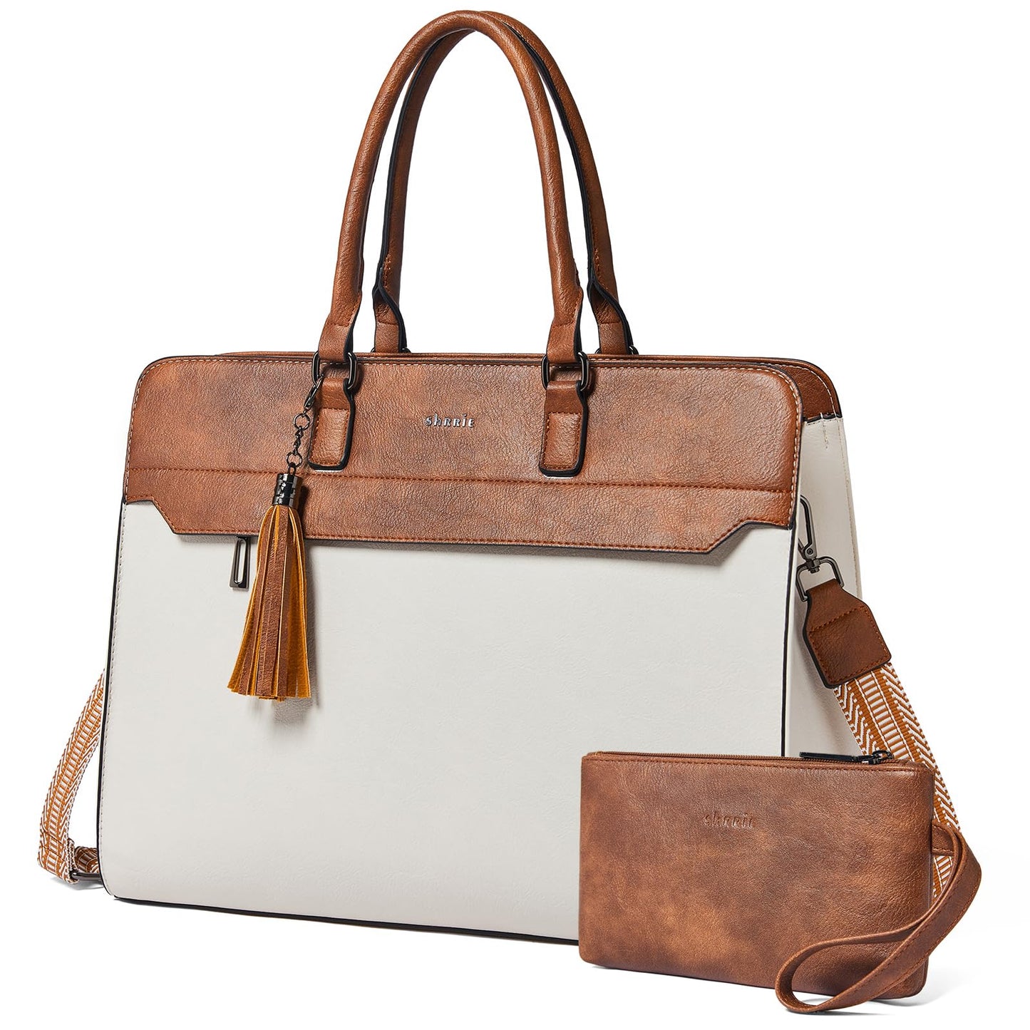 Shrrie 17 inch Laptop Bag for Women,Water-Resistant Work Bag LaptopTote Bag,Professional Business Tote for Office,Travel,College-Fits 15.6 Laptop&Tablet,Briefcase with Satchel Purse,Beige with Brown
