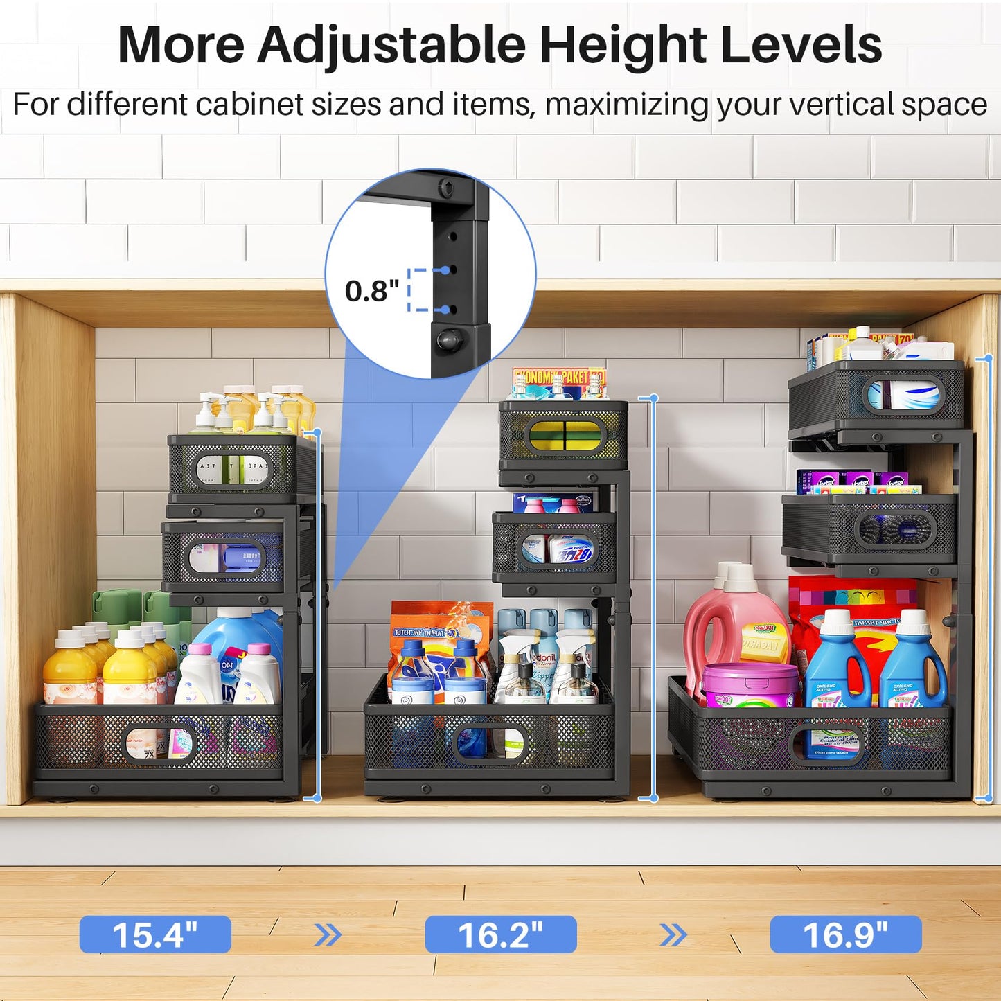 Under Sink Organizer, 2-Pack 3-Tier Thickened Metal Pull out Cabinet Organizer Shelf, Height Adjustable Slide out Storage Drawer Rack for Kitchen Bathroom Pantry Laundry Home Office Organization