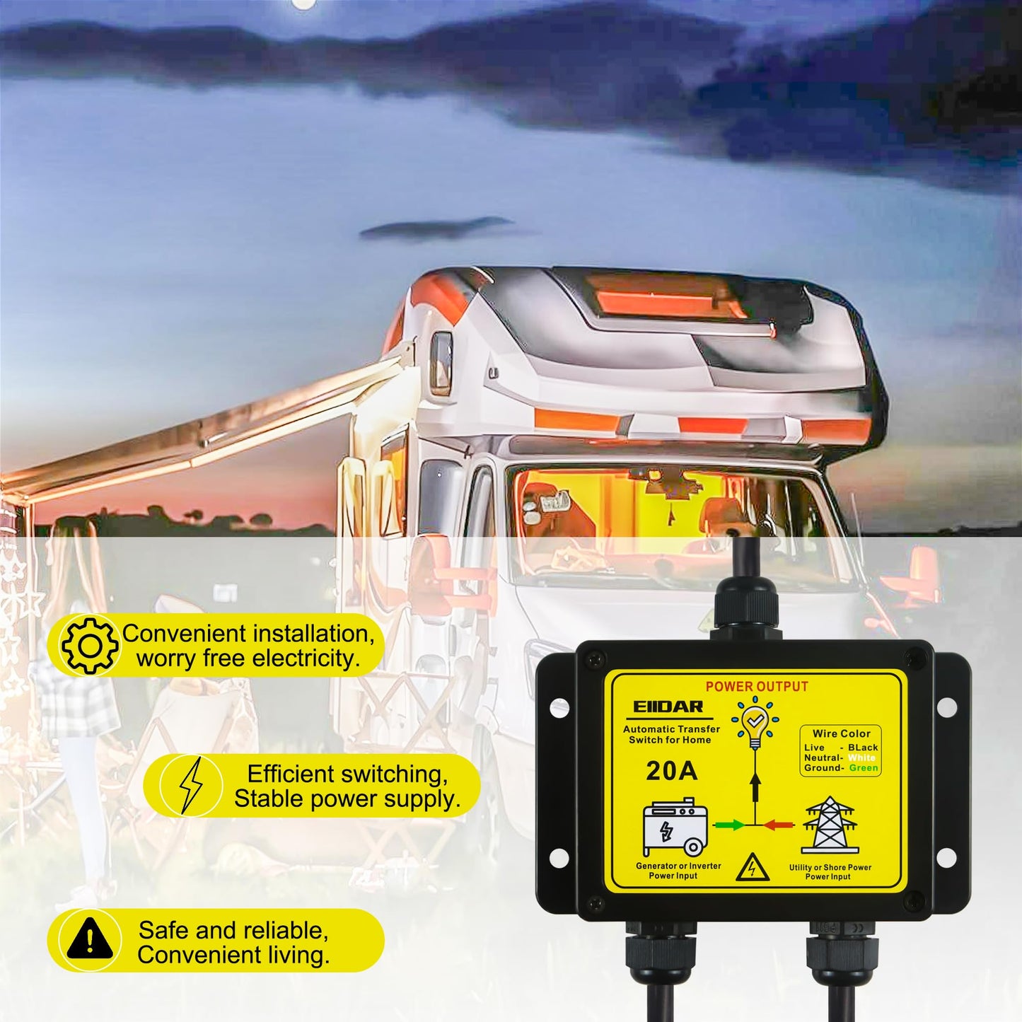 EIIDAR ATS AC120V 20 Amp Auto Transfer Switch，Transfer Switch for Home Generator，Automatic Transfer Switches.