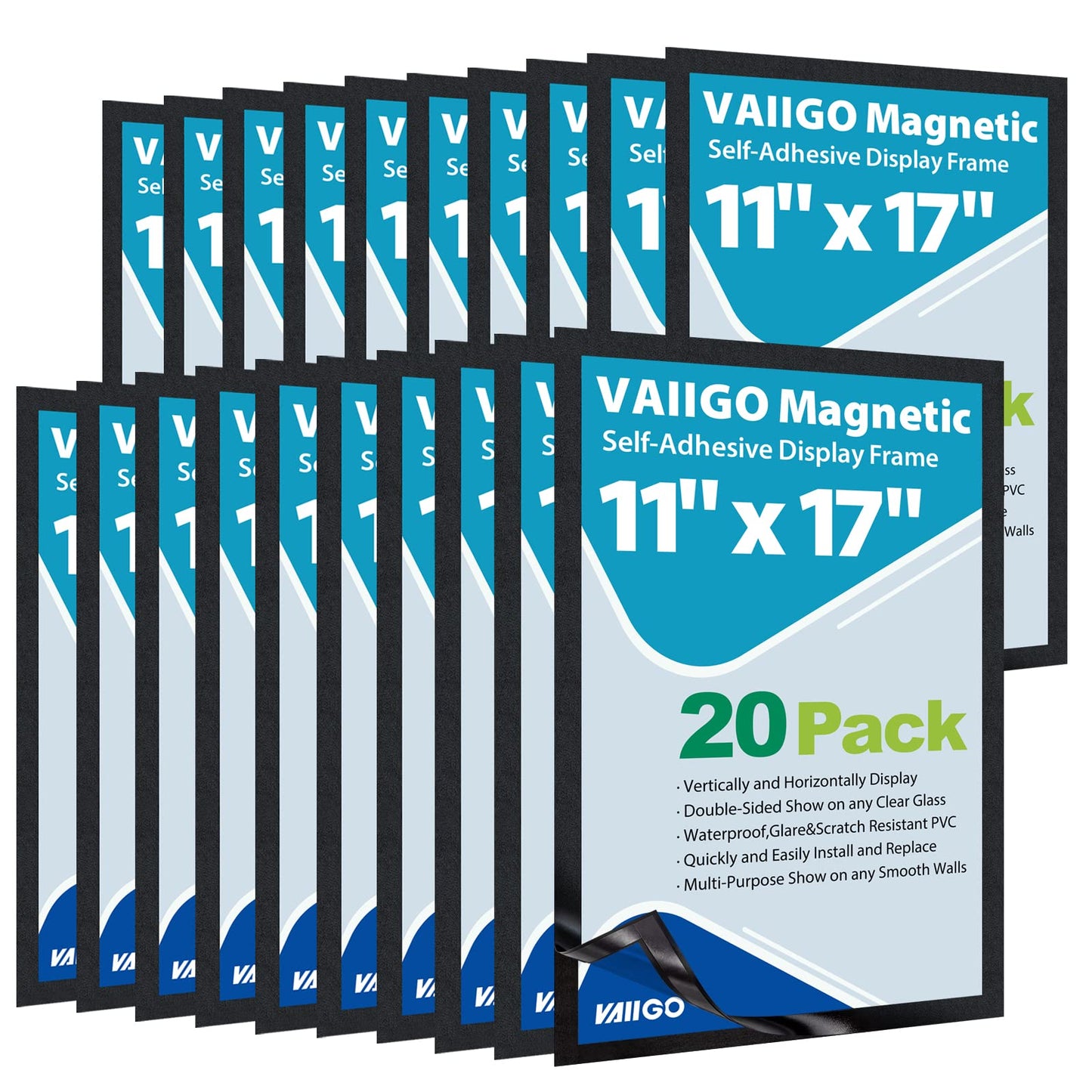 VAIIGO 11"x 17" Self Adhesive Sign Holder, Double Sided Window Display Frame with Clear PVC and Strong Magnetic for Office/Home/Store/Door/Glass/Wall (Black, 20Pack)