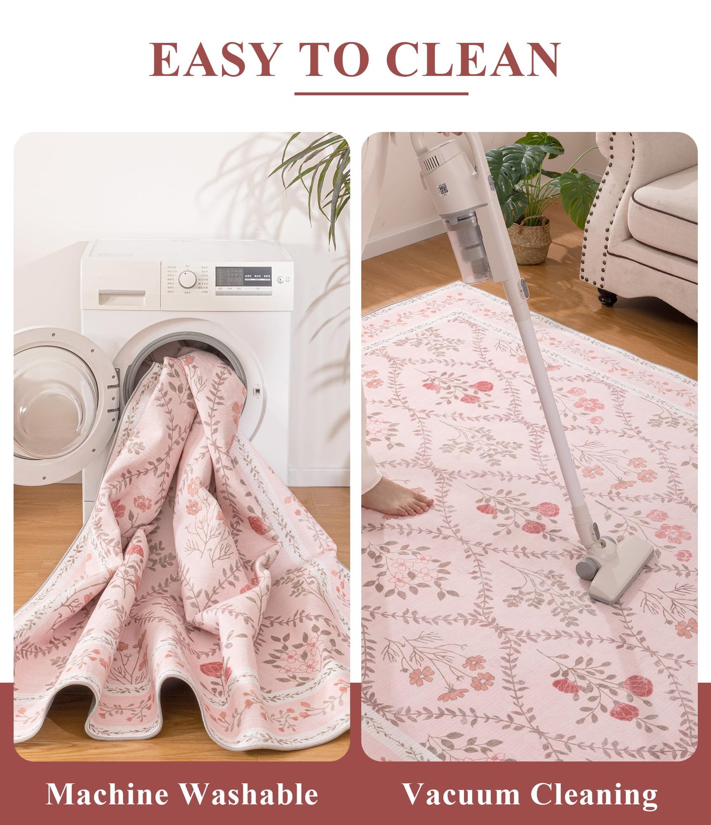 YIHOUSE 5x7 Pink Floral Rug for Bedroom Girls, Washable Area Rugs for Living Room Non Slip Ultra-Thin, Soft Throw Carpet for Nursery, Kids Playroom, Classroom, Home Office Decor